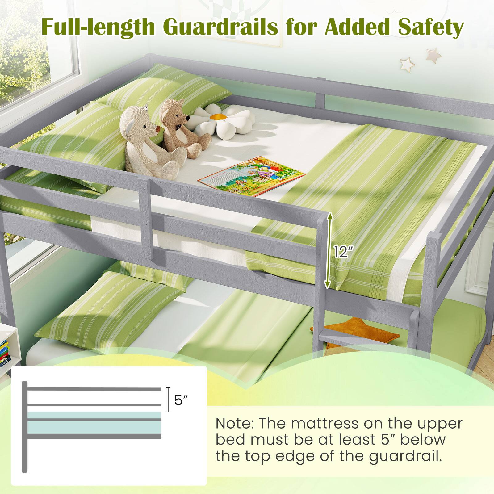 Full-length Guardrails for Added Safety
Note: The mattress on the upper bed must be at least 5" below the top edge of the guardrail.
