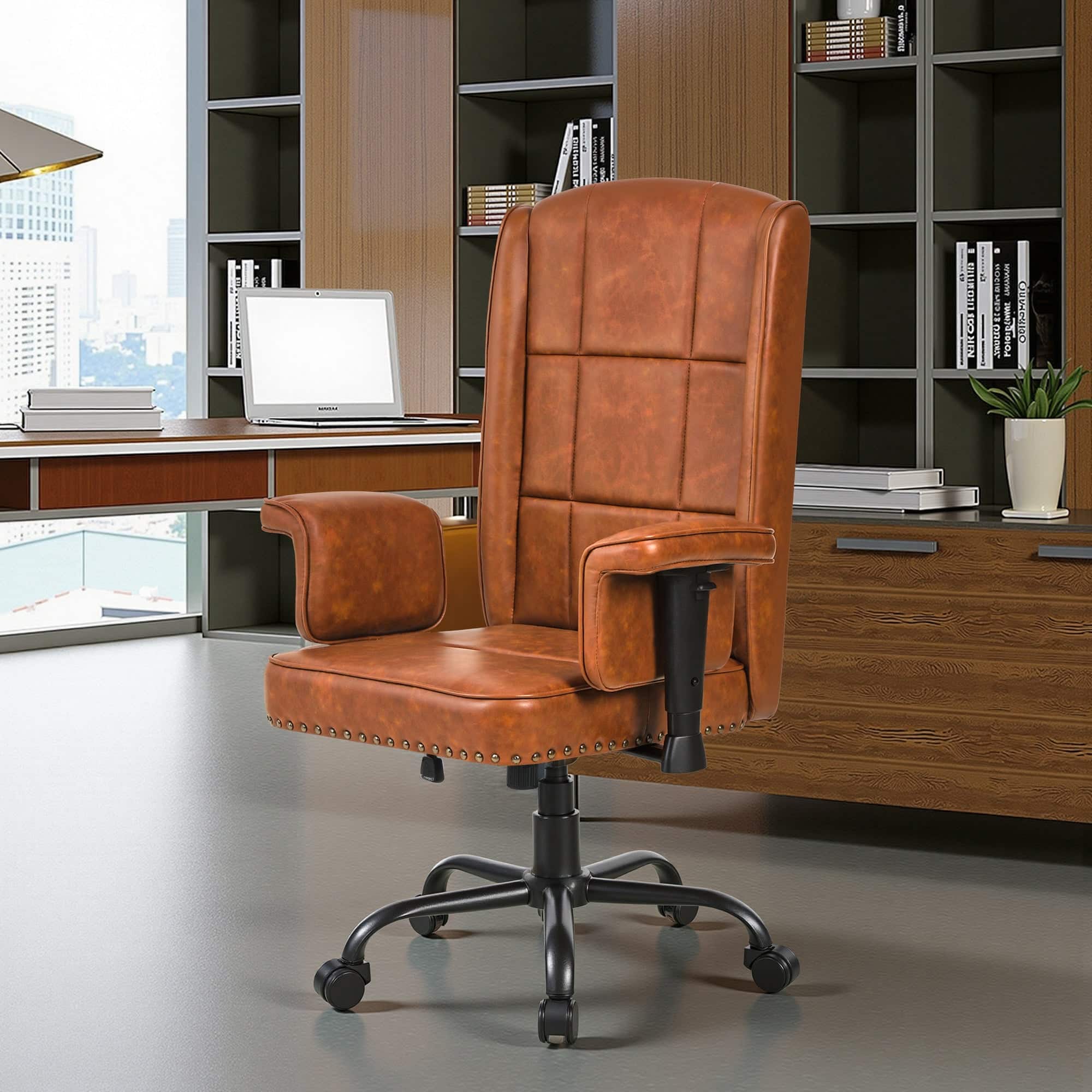 Vecelo - Ergonomic High Back PU Leather Office Chair with Adjustable Armrests & Tilt Recline - Dark Brown