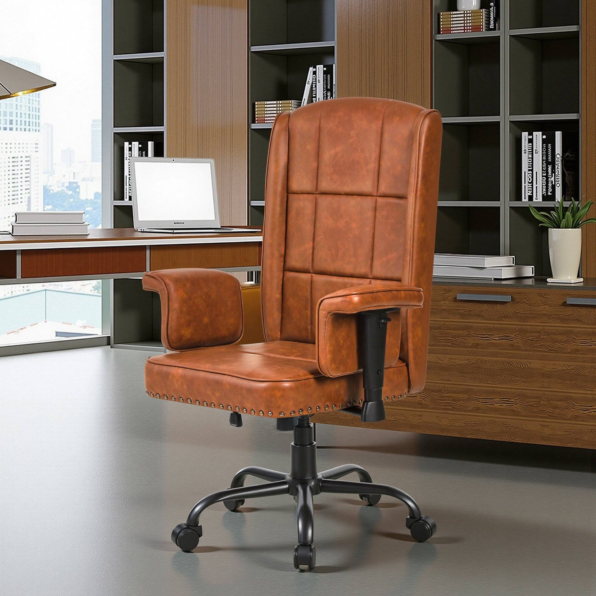 Vecelo - Ergonomic High Back PU Leather Office Chair with Adjustable Armrests & Tilt Recline - Dark Brown