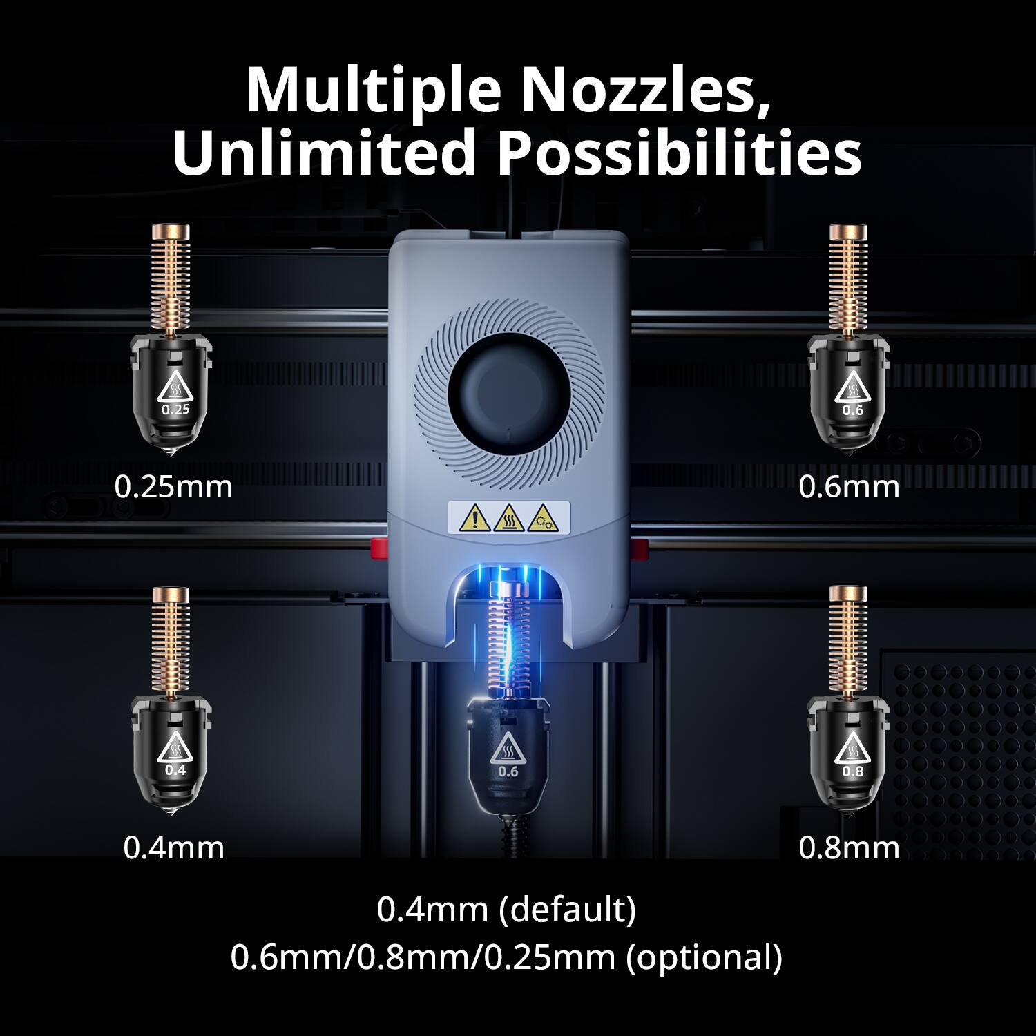 Multiple Nozzles, Unlimited Possibilities

0.25mm  
0.6mm  
0.4mm  
0.8mm  

0.4mm (default)  
0.6mm/0.8mm/0.25mm (optional)