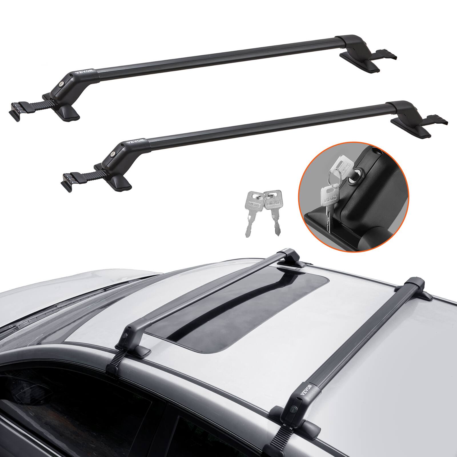 VEVOR - Universal Roof Rack Cross Bars, Aluminum Roof Rack Crossbars, Fit Roof without Side Rail, 155 lbs Load Capacity - Black