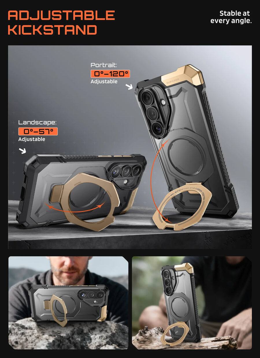 ADJUSTABLE KICKSTAND  
Stable at every angle.  

Portrait: 0°-120° Adjustable  
Landscape: 0°-57° Adjustable  

MIL TESTED