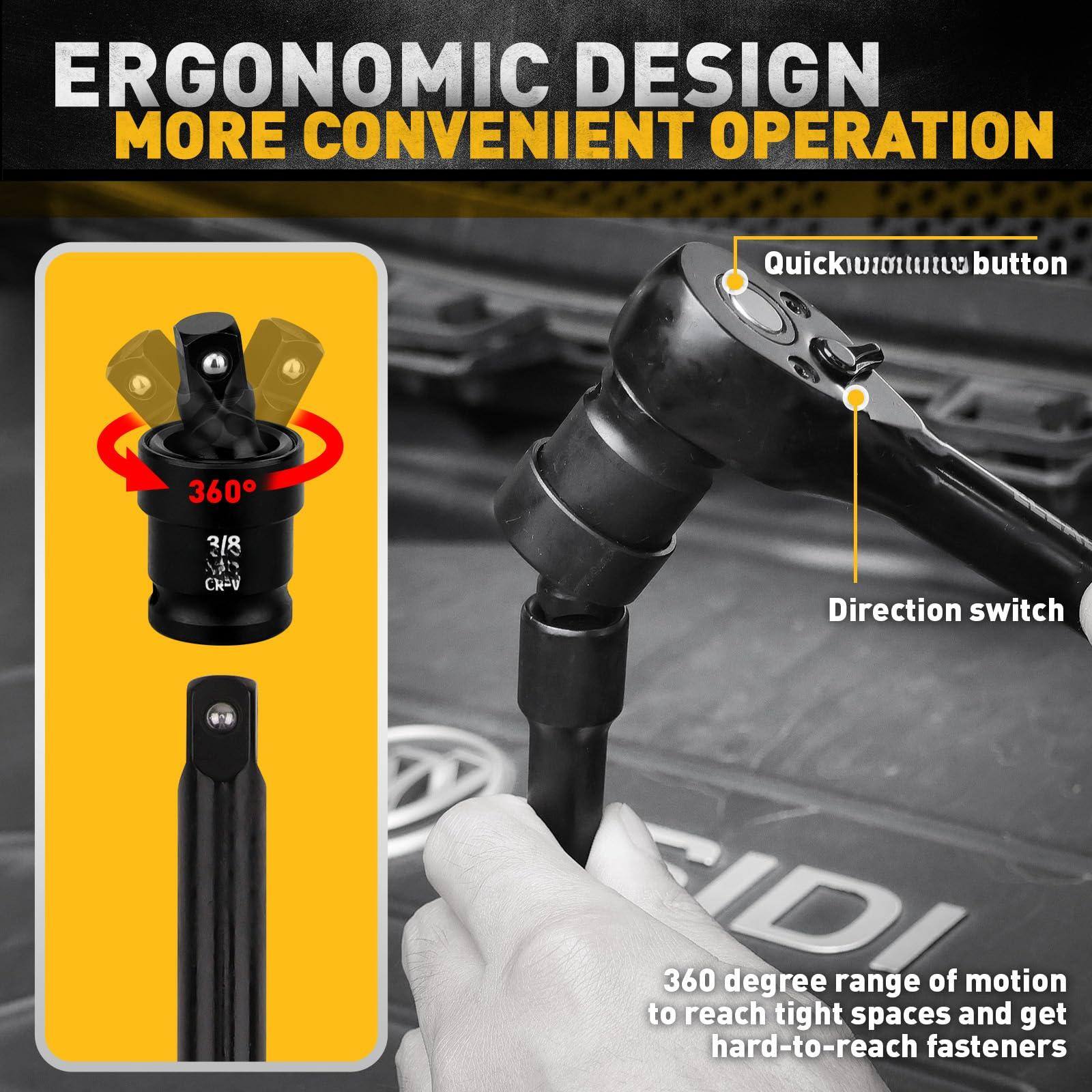 ERGONOMIC DESIGN  
MORE CONVENIENT OPERATION  

Quickwrench button  
Direction switch  

360 degree range of motion to reach tight spaces and get hard-to-reach fasteners  

360°  
3/8  
Mn CR-V