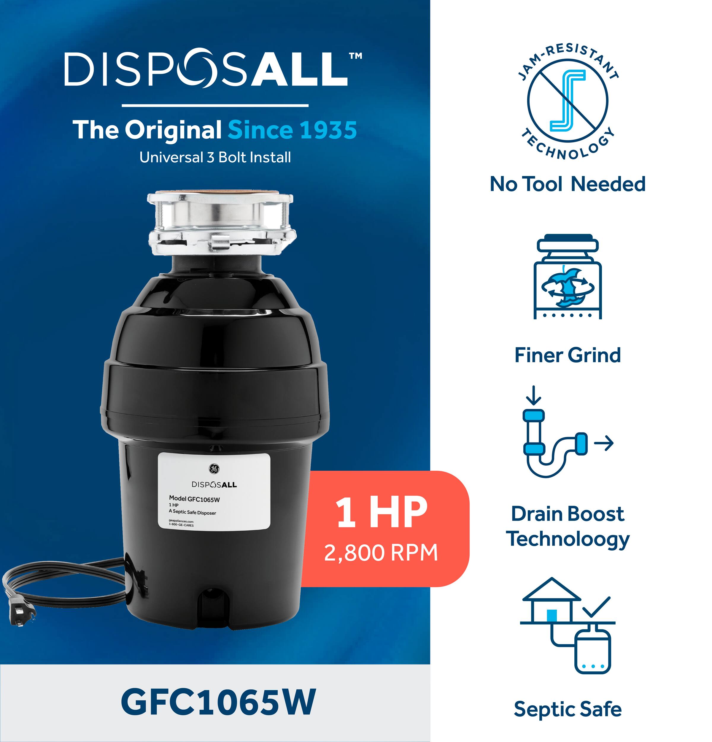 "Disposall All" is the original since 1935, featuring a universal 3 bolt installation and no tool needed. It has finer grind technology and is septic safe. The product is a 1 HP, 2,800 RPM drain boost technology, making it an efficient and reliable choice for your needs.