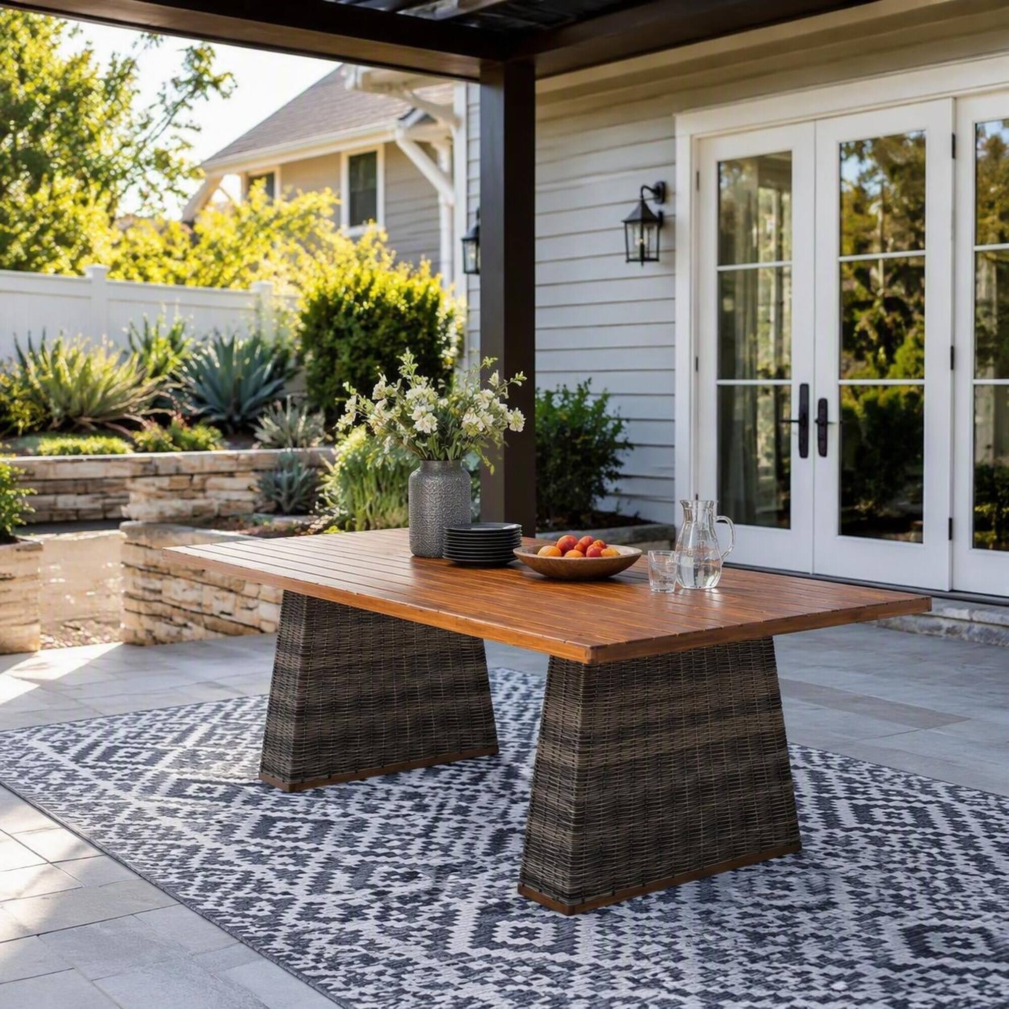RYHNUYNE Rectangular Outdoor Dining Table With Acacia Wood Slat Top ...