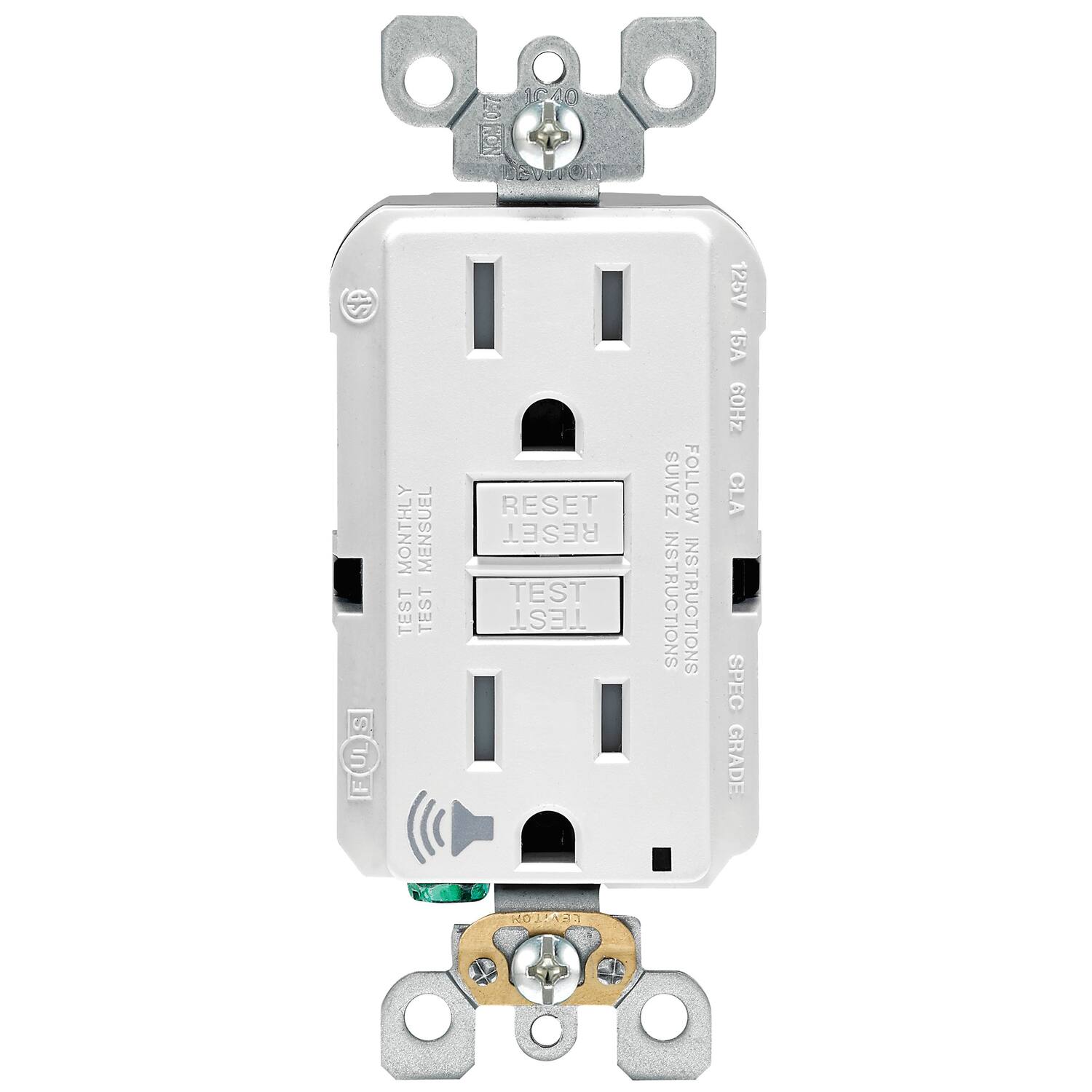 1040 057 INON BROWN

SUIVEZ INSTRUCTIONS
FOLLOW INSTRUCTIONS

MONTHLY TEST
MENSUEL TEST

RESET RESET TEST TEST

125V 15A 60Hz CLA SPEC GRADE

LEVITON