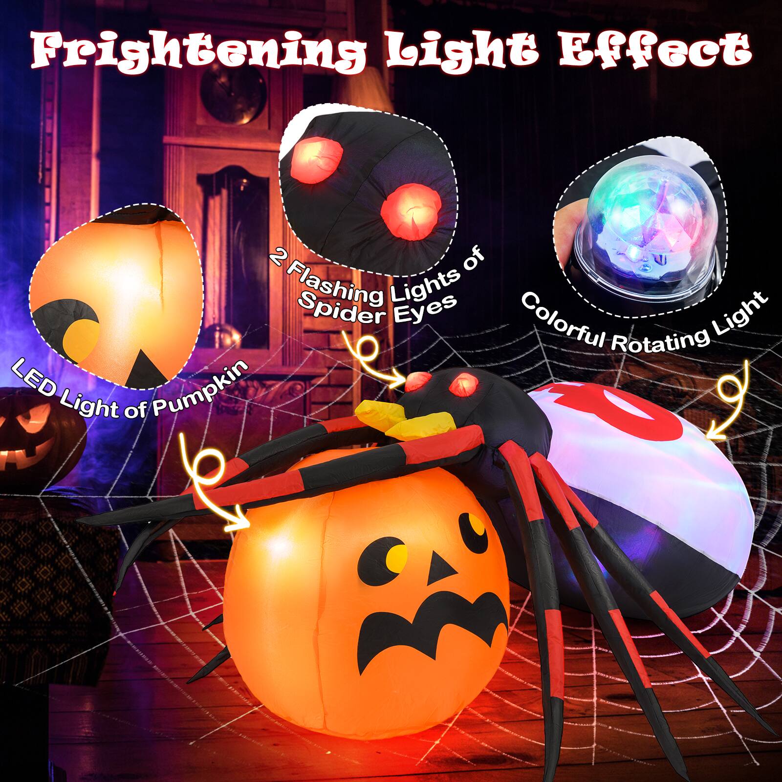 Frightening Light Effect: 2 of Flashing Spider Lights Eyes, Light of Pumpkin, Colorful Rotating LED.