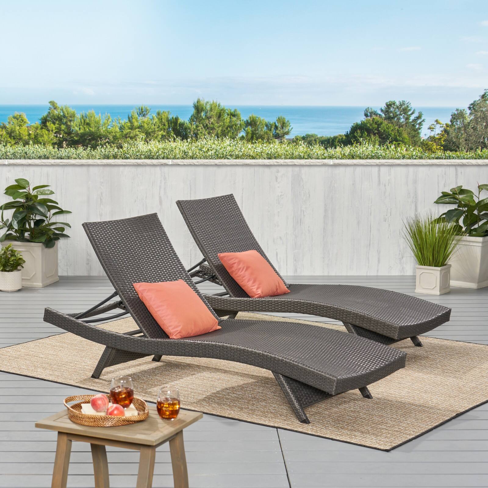Alt View 4. Ecooso - Set of 2 Adjustable Wicker Chaise Lounges with Foldable Legs, Ergonomic Design, and Stackable Storage - Grey.