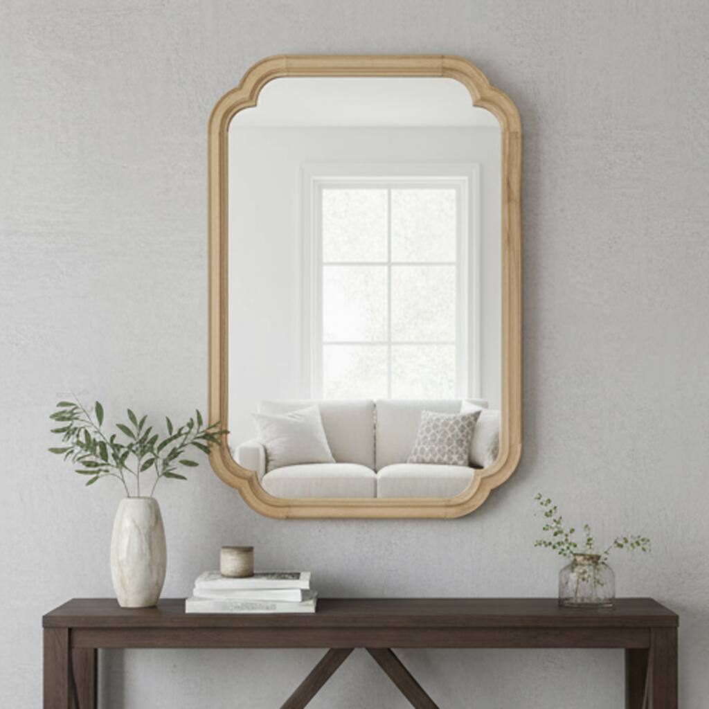 Front. BreeBe - 24x36 Natural Wood Solid Wood Rounded Corner Decorative Mirror for Bedroom Bathroom Living Room Entryway - Natural Wood.