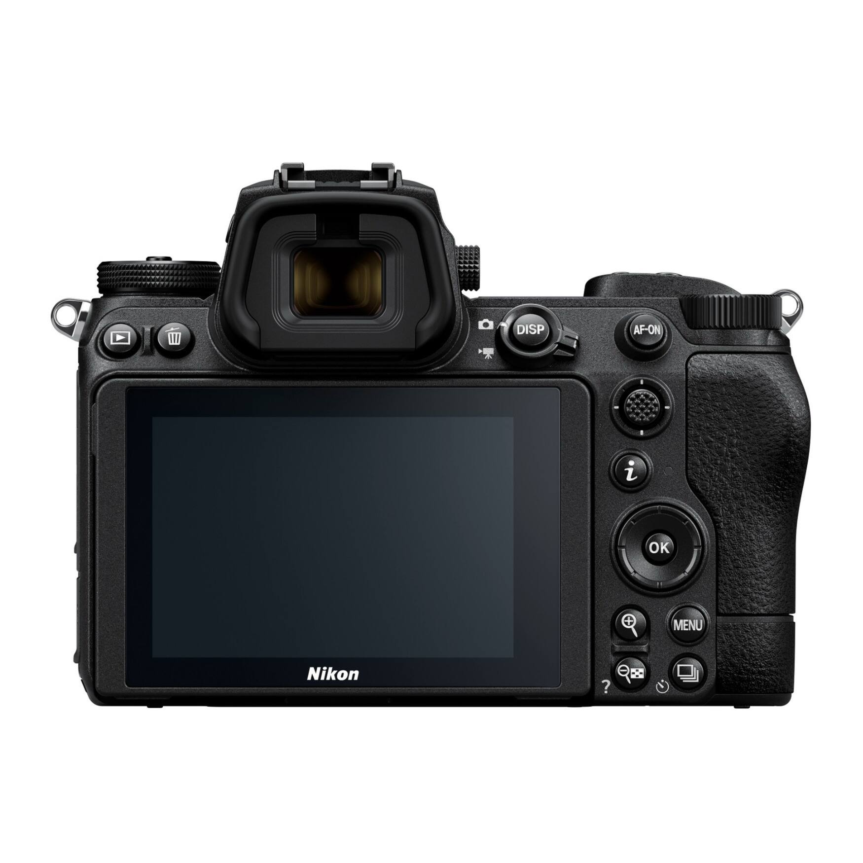 The text on the image reads "II - DISP AF-ON Z OK MENU Nikon D850." This indicates that the camera is a Nikon D850 model, and it is displaying the menu options on its screen.