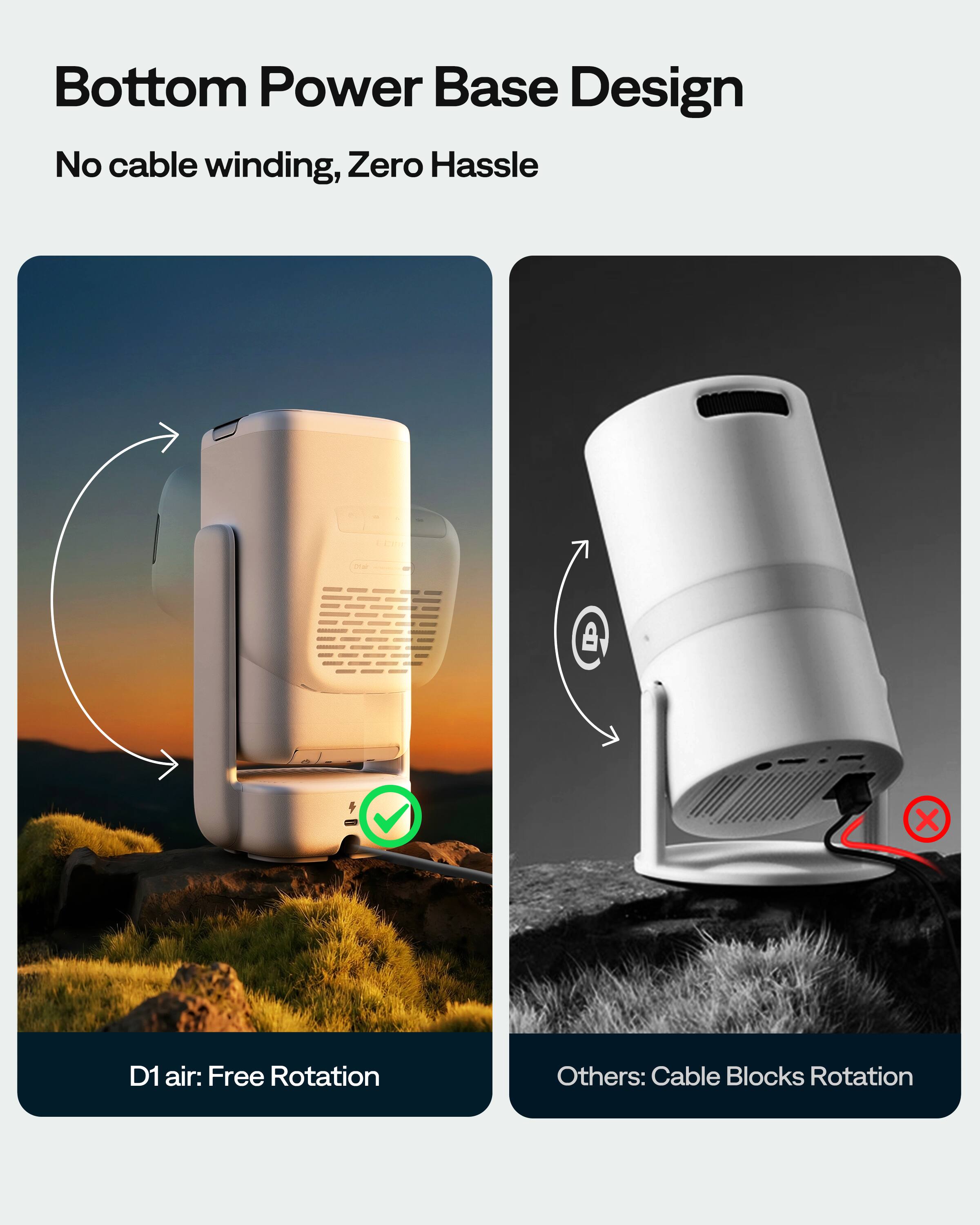 Bottom Power Base Design  
No cable winding, Zero Hassle  

D1 air: Free Rotation  

Others: Cable Blocks Rotation