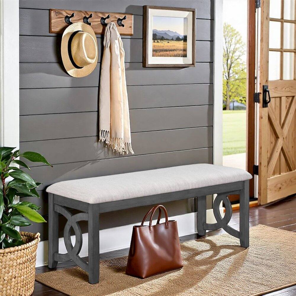 Alt View 2. FurniFact - Gray Upholstered End of Bed Bench – Solid Wood Bedroom or Dining Bench - Gray.