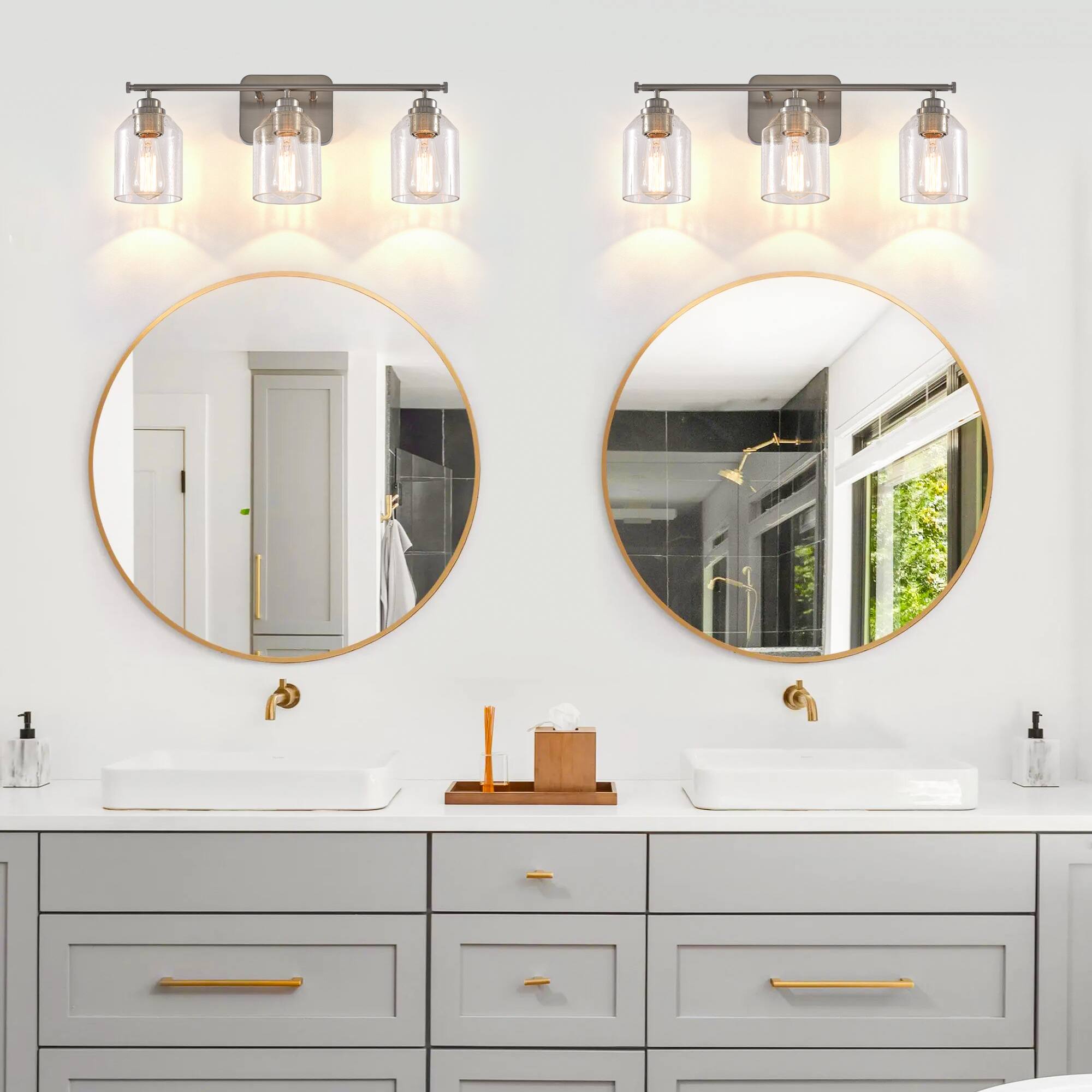 Angle. Parrot Uncle - Modern Brushed Nickel 3-Light Seed Glass Dimmable Bathroom Vanity Light Fixture - Brushed Nickel.