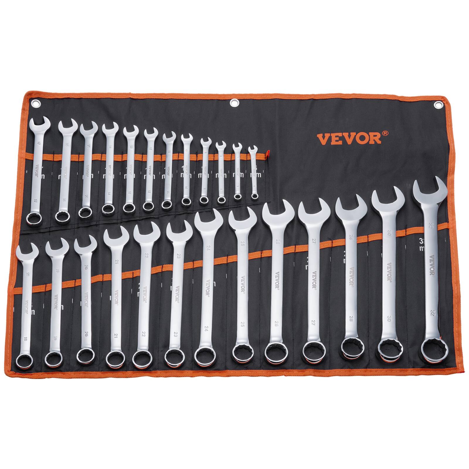 VEVOR - Combination Wrench Set, 25-Piece Open End Wrench Set with Roll-up Pouch, Carbon Steel Wrench Set Metric 6 mm to 32 mm - Silver