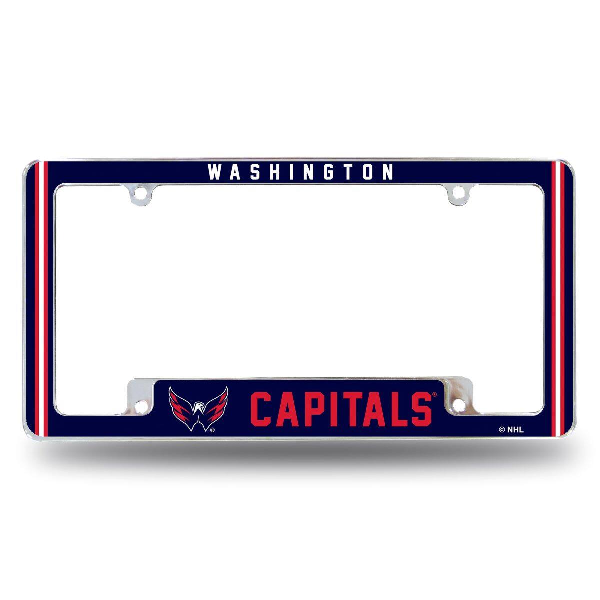 Washington Capitals Chrome Metal License Plate Frame with Full Frame Team Color Graphics
