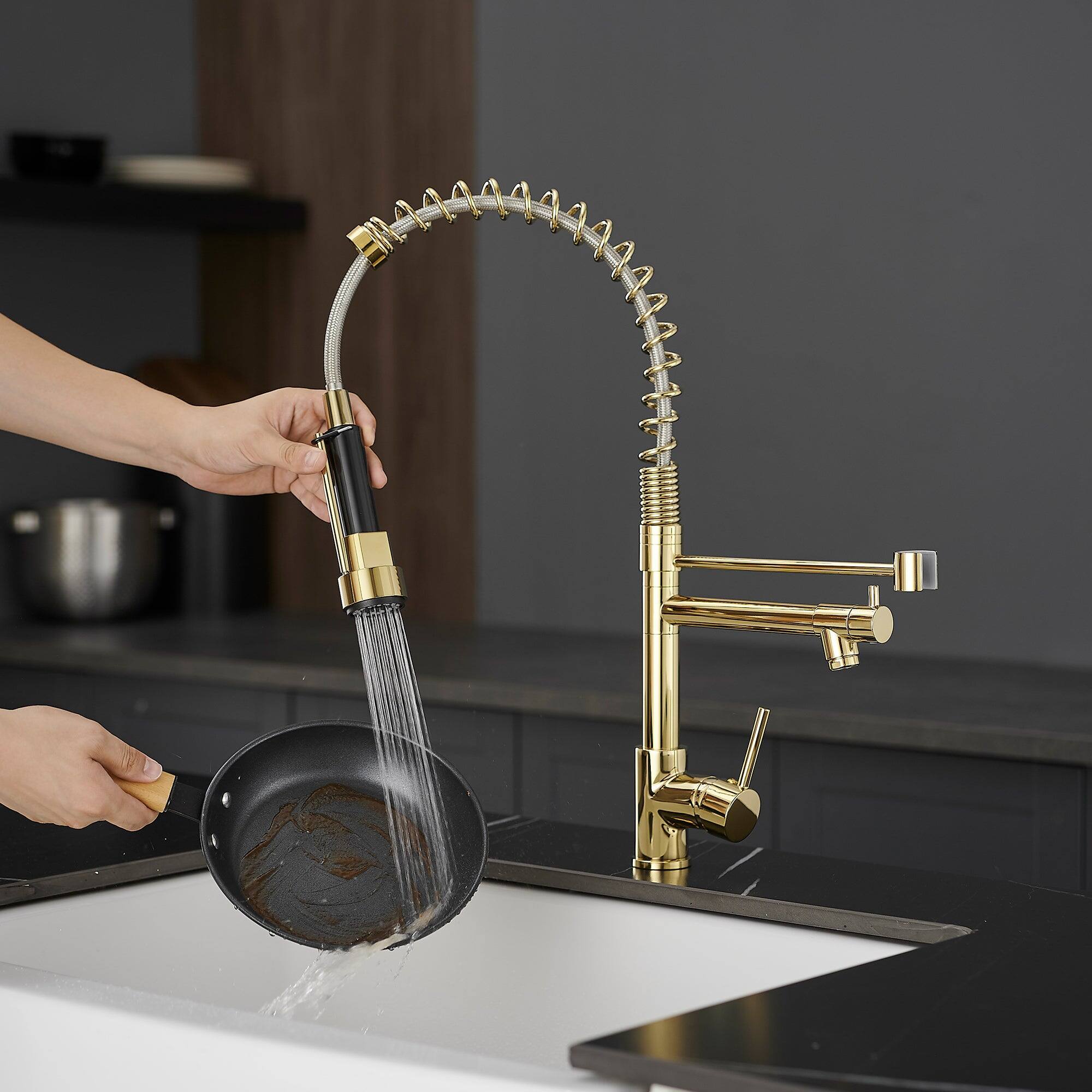 Alt View 6. Boyel Living - Contemporary Single Handle Gooseneck Pull Down Sprayer Kitchen Faucet Brushed Gold - Brushed Gold.