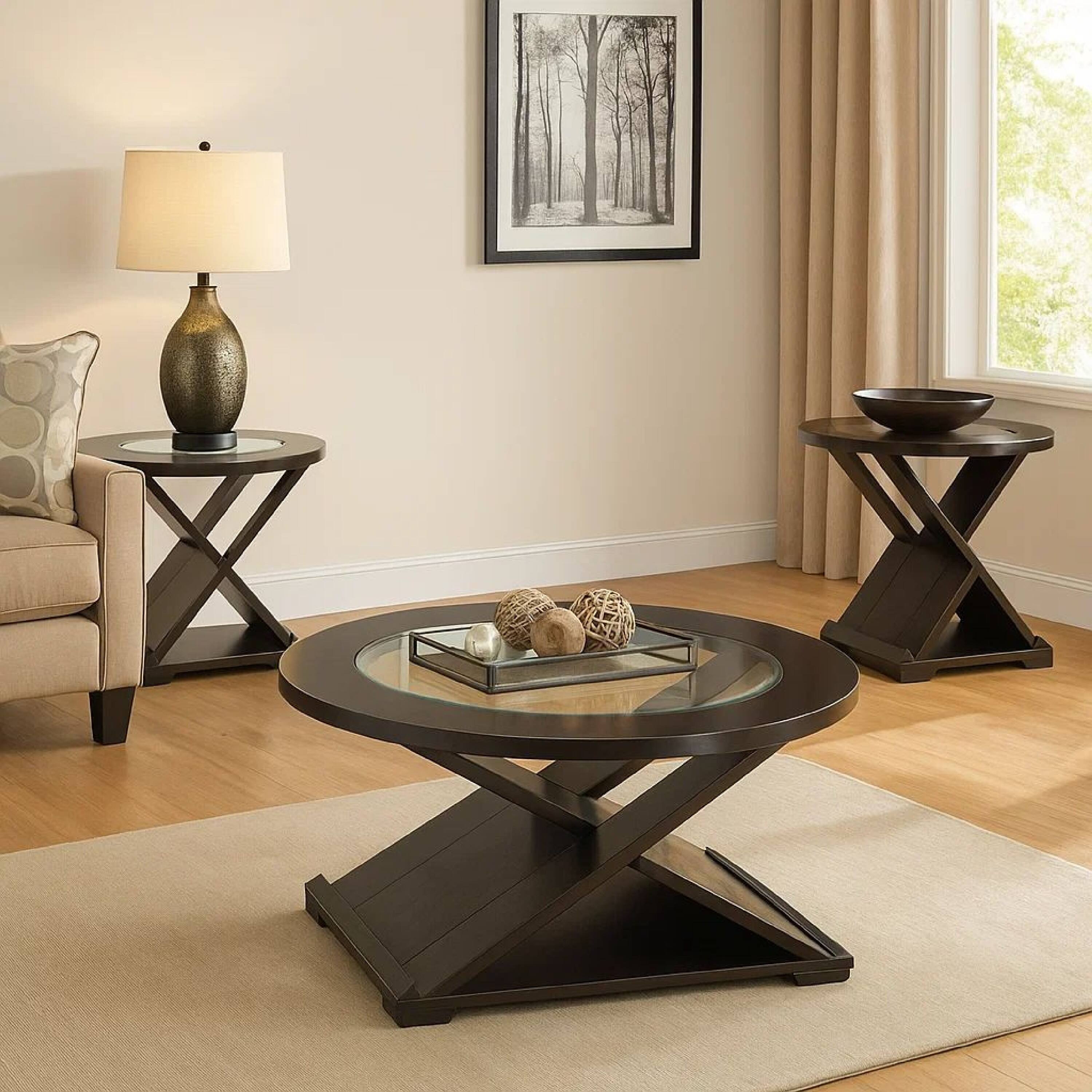 Alt View 5. Manhattan Lane - 3 Piece Round Glass Coffee Table and End Table with X Shaped Base - Brown.
