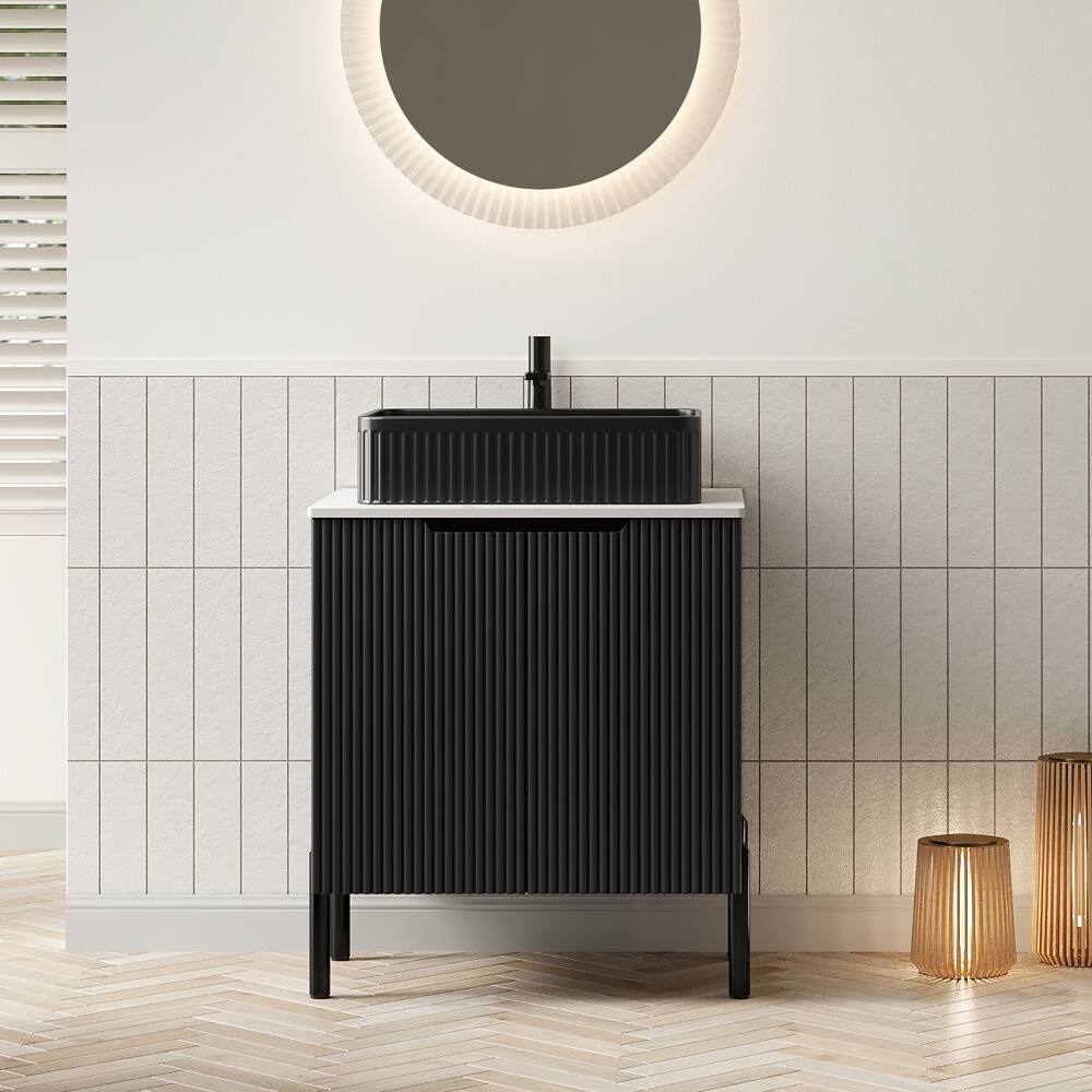 Front. Loheer - 24 inch bathroom vanity with sink, freestanding bathroom storage cabinet, carrara white counter top - Black.