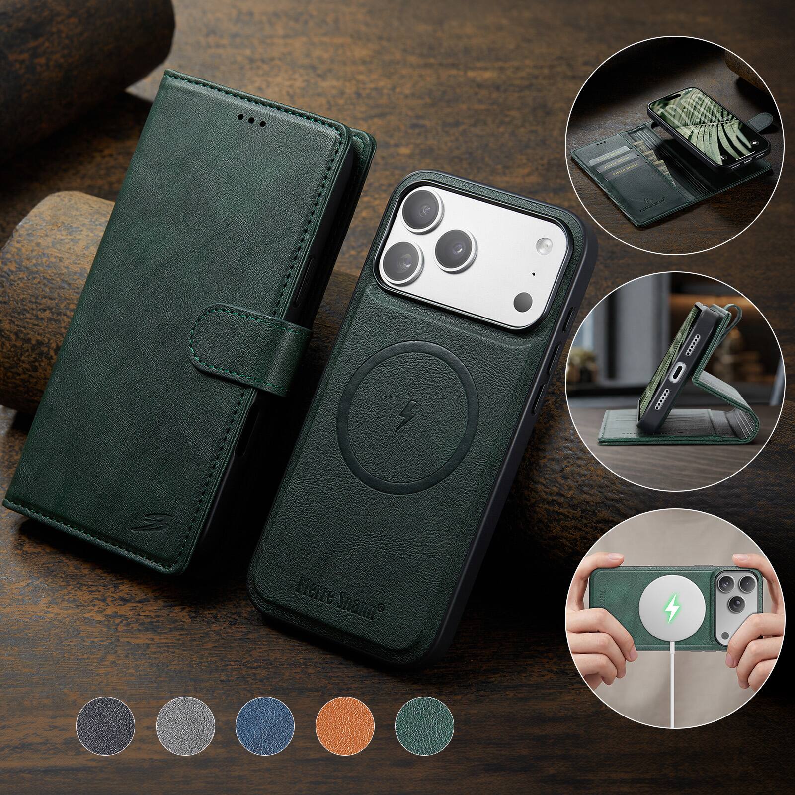 Angle. Dteck - For iPhone 17 Pro RFID Wallet Case with Card Pocket Shockproof Leather 2-in-1 Detachable Back Cover - Green.