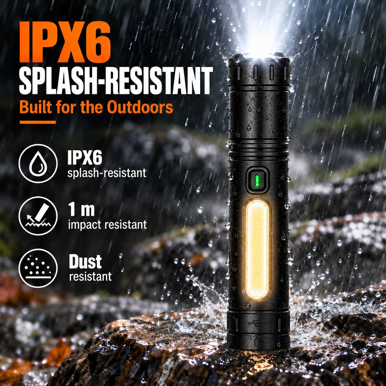 IPX6 SPLASH-RESISTANT  
Built for the Outdoors

IPX6 splash-resistant  
1 m impact resistant  
Dust resistant