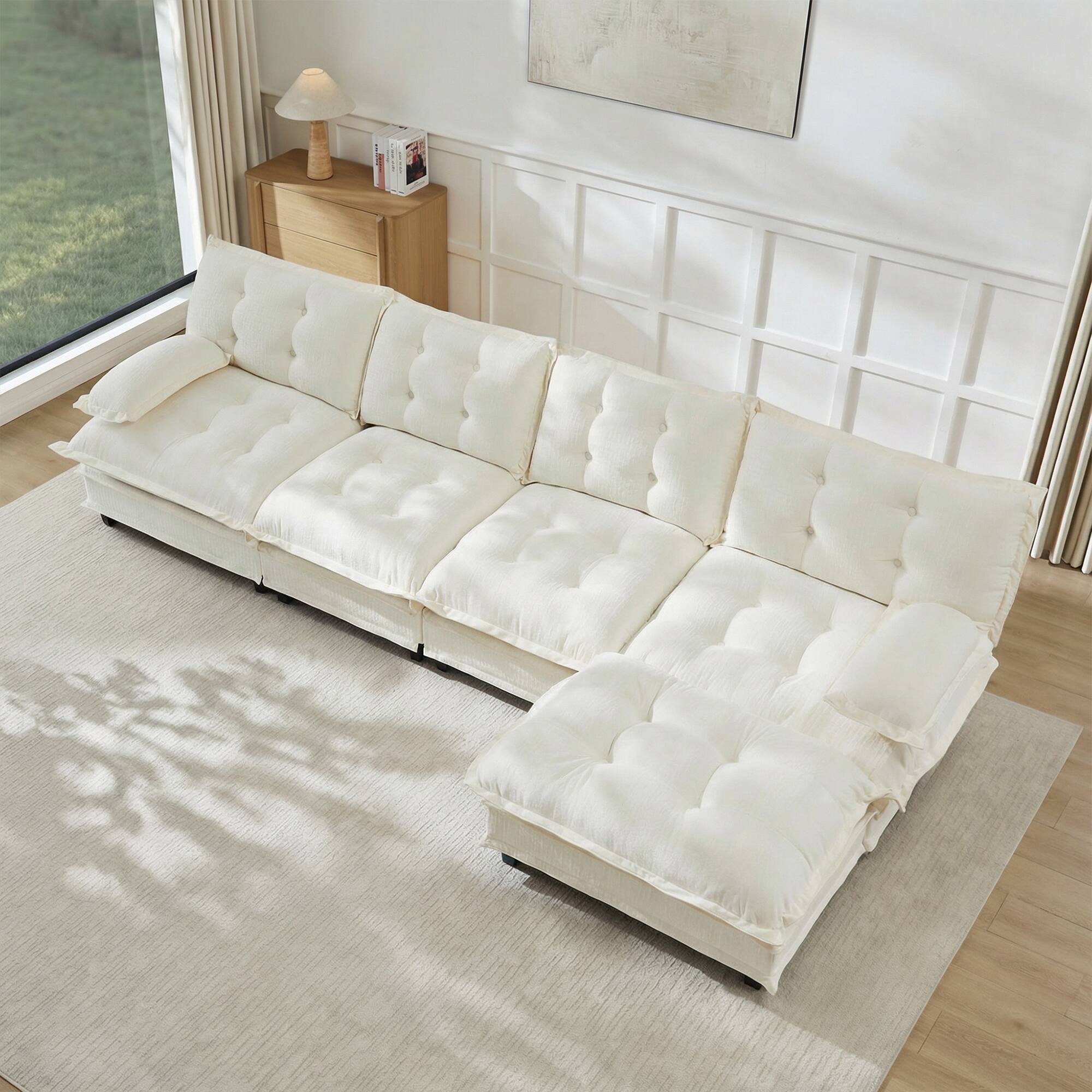 Left. LOVMOR - 138 inch L Shaped Modular Deep Seat 4 Seat Chenille Sectional Couch Compressed Pack For Bedroom Apartment Cozy - Beige.