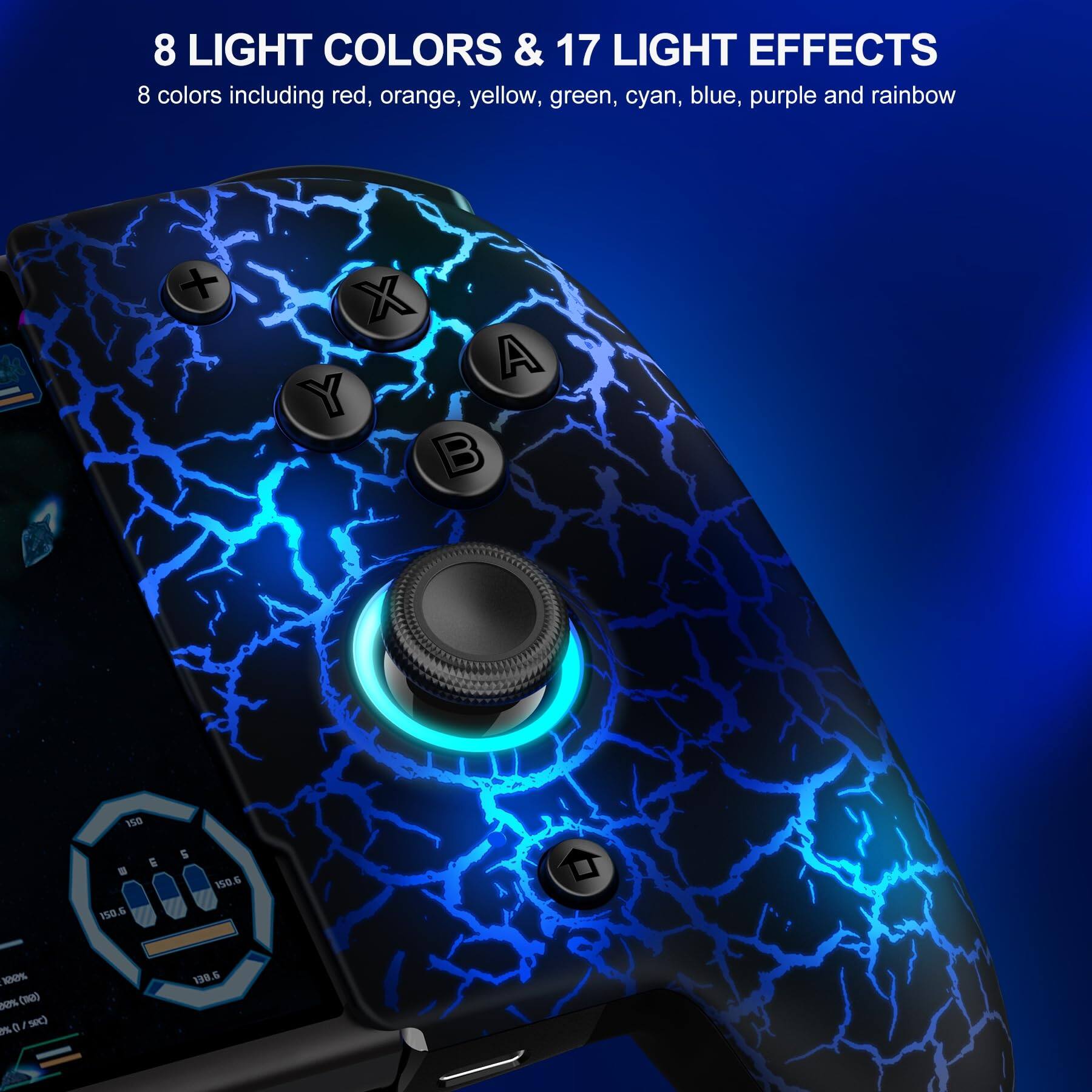 8 LIGHT COLORS & 17 LIGHT EFFECTS  
8 colors including red, orange, yellow, green, cyan, blue, purple and rainbow