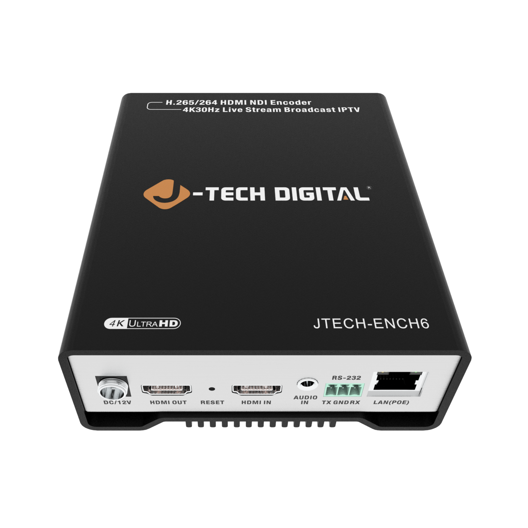 H.265/264 HDMI NDI Encoder 4K30Hz Live Stream Broadcast IPTV -TECH DIGITAL 4K ULTRAHD HD JTECH-ENCH6 RS-232 DC/12V HDMI OUT RESET HDMI IN AUDIO IN TX GNDRX LAN(POE)