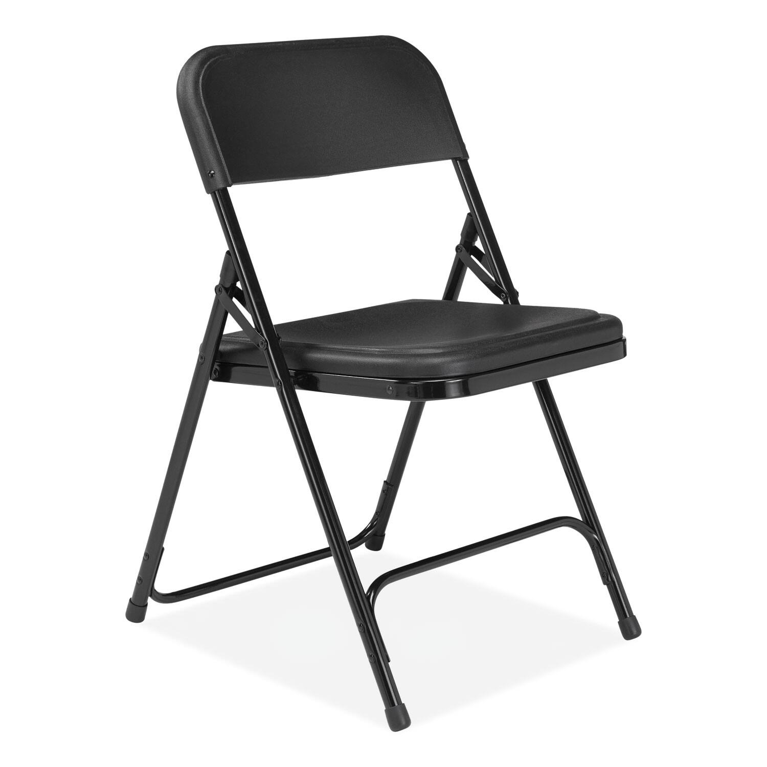 Angle. National Brand - 800 Series Plastic Folding Chair Supports Up to 500 lb 18 Seat Height Black Seat Black Back Black Base 4/Carton - Black.