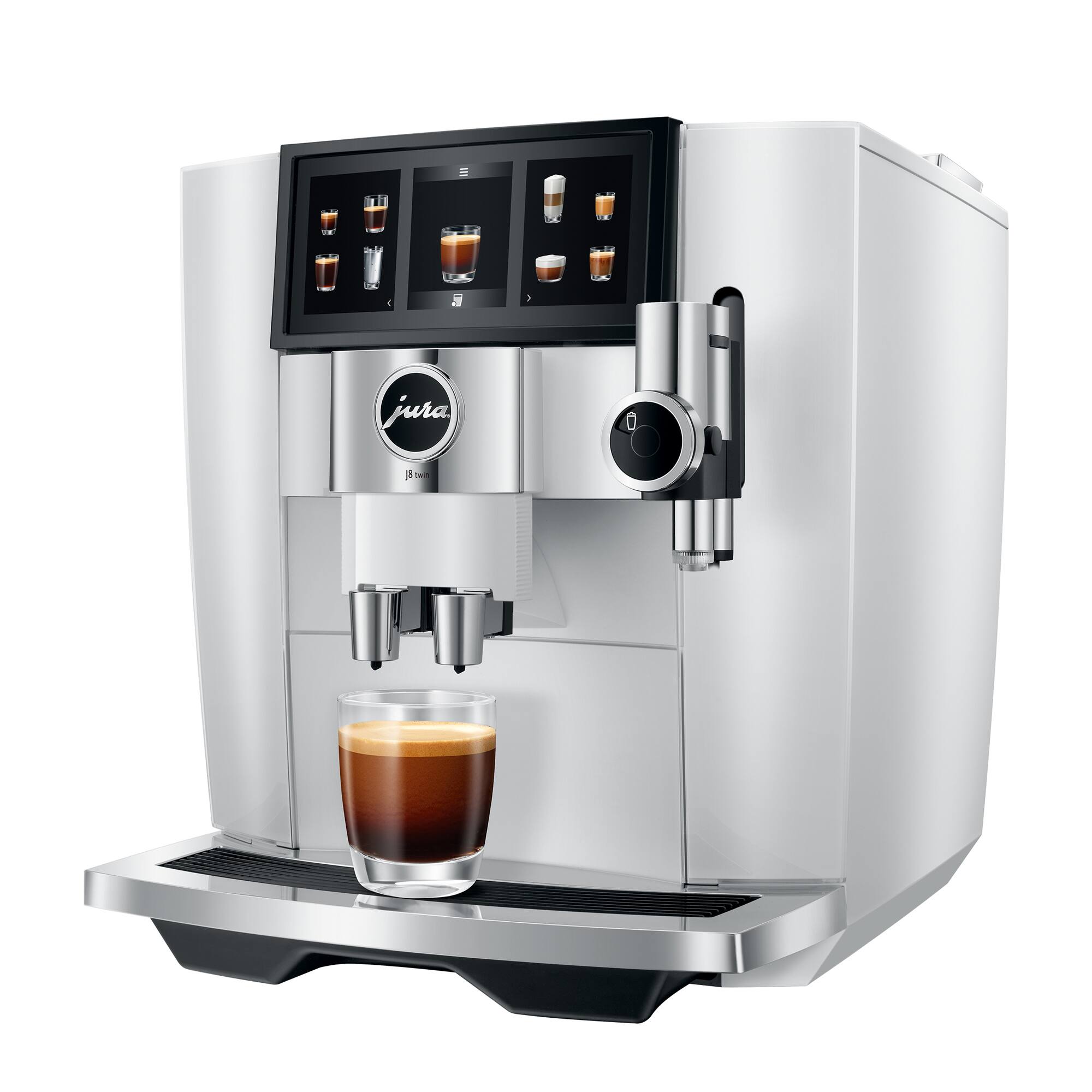 The image features a Jura coffee machine with a cup of coffee on top of it. The machine is designed to make coffee and has a digital display. The coffee is being prepared and poured into the cup, which is placed on the machine. The Jura coffee machine is a high-quality appliance that offers a variety of coffee options and settings for a personalized coffee experience.
