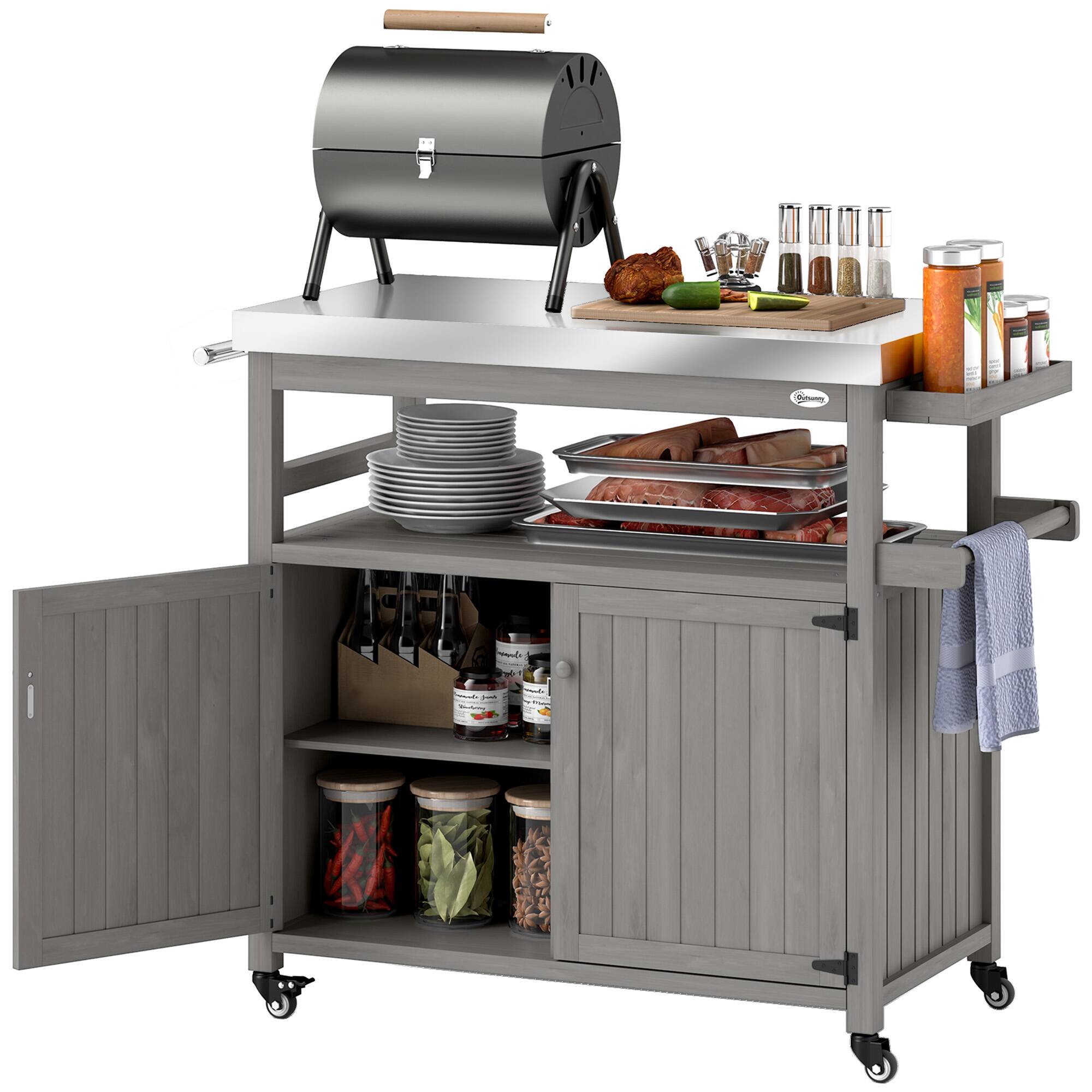 Front. Outsunny - Outdoor Grill Cart with Wheels and Storage, Solid Wood Outdoor Kitchen Island with Stainless Steel Top - Gray.