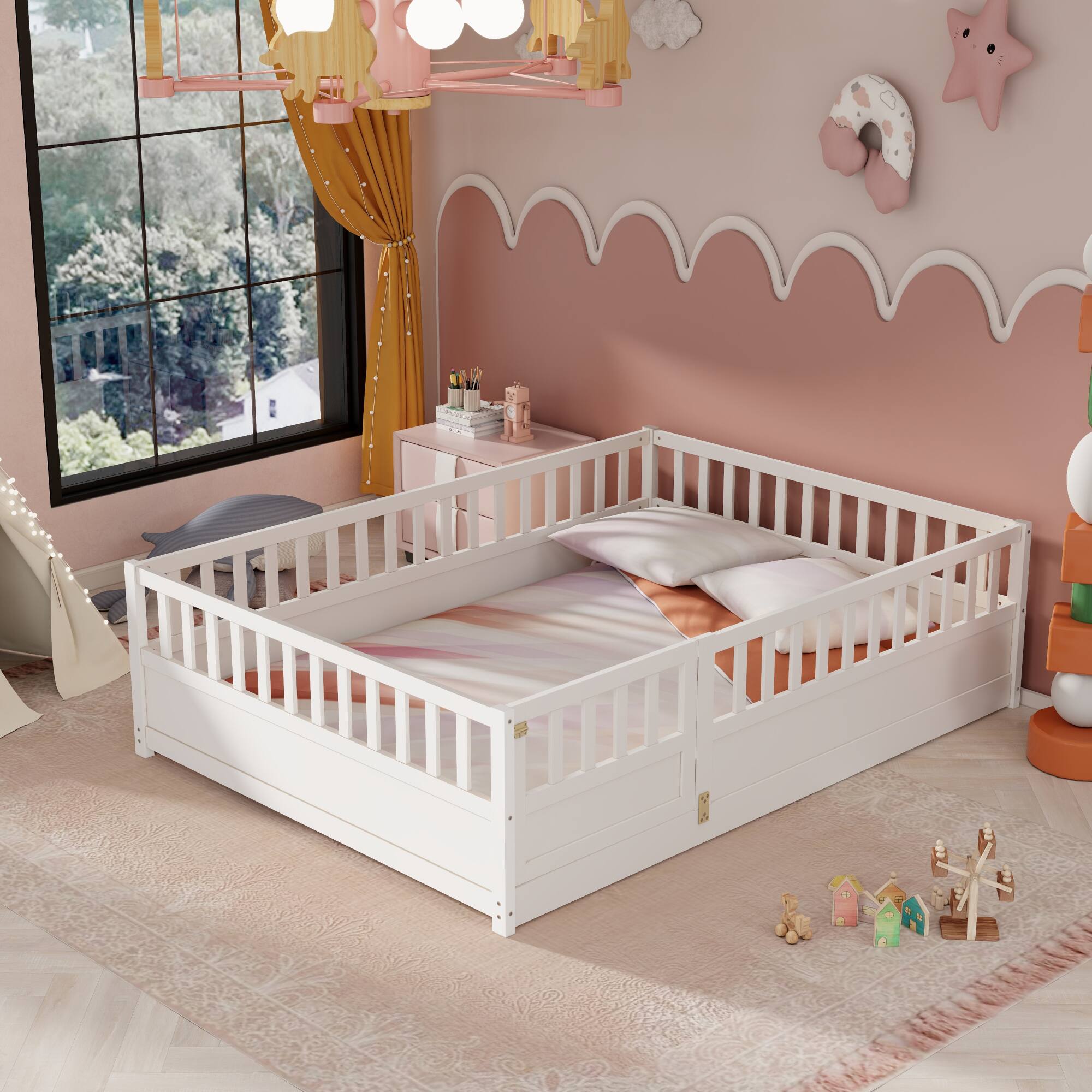 Angle. GOODSILO - Full Size Floor Bed with High Security Barrier and Door for Children, Montessori Style Wooden Frame - White.