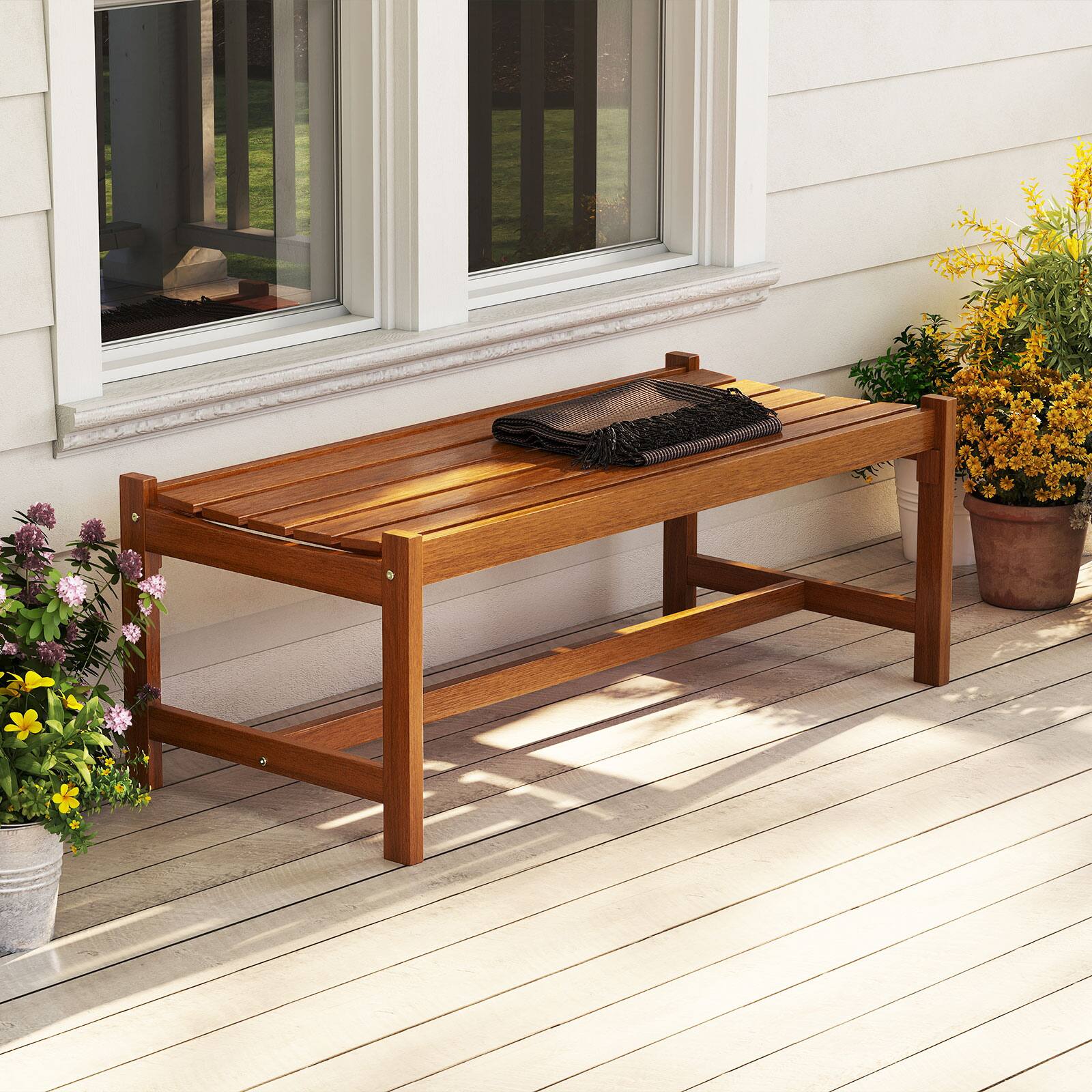 Alt View 1. Gymax - Gymax 44'' Patio Wood Bench Set of 2 w/Teak Oil Finish & Curved Seat for Porch Garden - Brown.