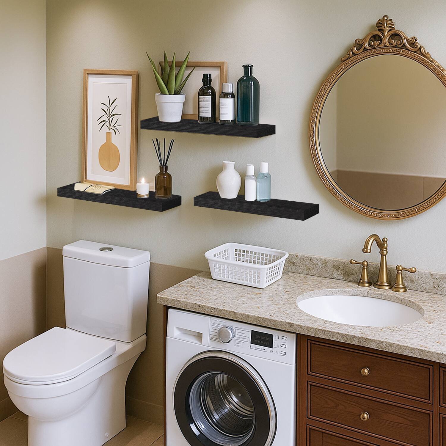 Alt View 4. BOMEDA - Wooden Floating Shelves for Wall, Bathroom or Room Wall Storage, Hanging Shelf Organizer, 24x7x1.5 in, 3 Pack - Black.