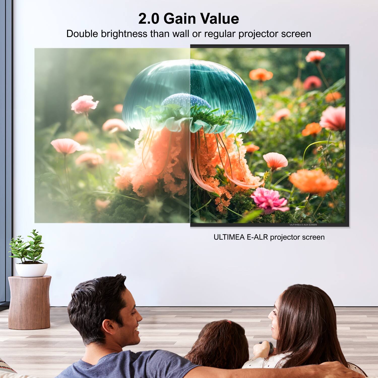 2.0 Gain Value  
Double brightness than wall or regular projector screen  

ULTIMEA E-ALR projector screen