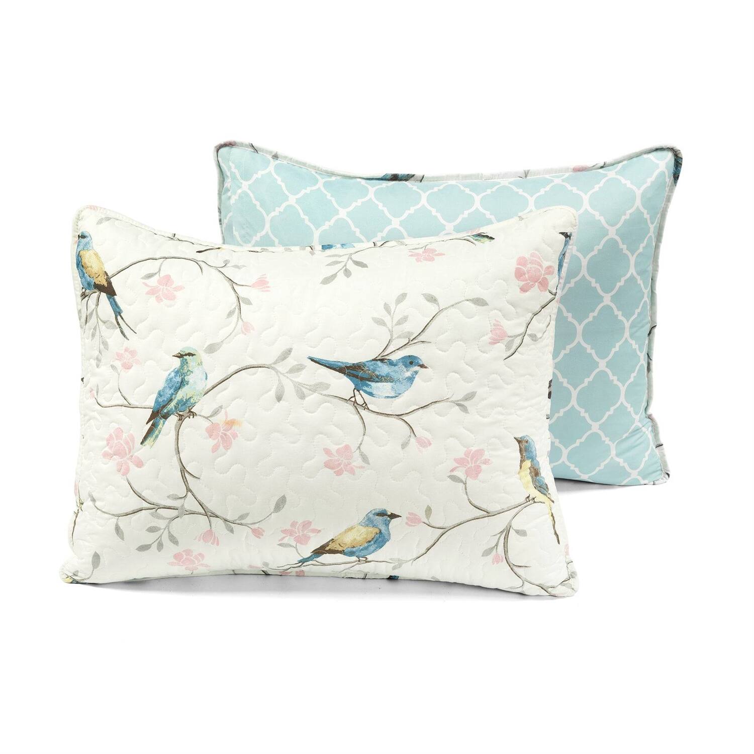 Alt View 1. Hivvago - King Size Reversible Polyester Lightweight Floral Birds 3 Piece Quilt Set - White, Light Blue.