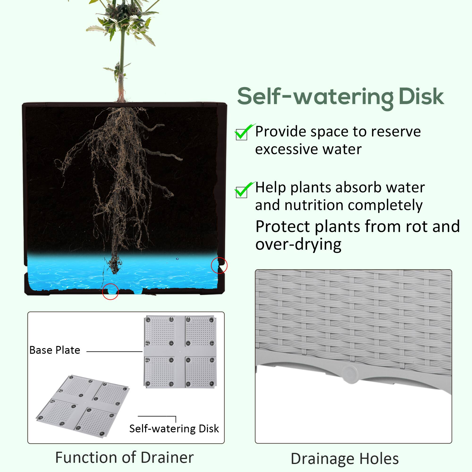 Self-watering Disk: Provide space to reserve excessive water, Help plants absorb water and nutrition completely, Protect plants from rot and over-drying

Function of Drainer: Base Plate, Self-watering Disk, Drainage Holes