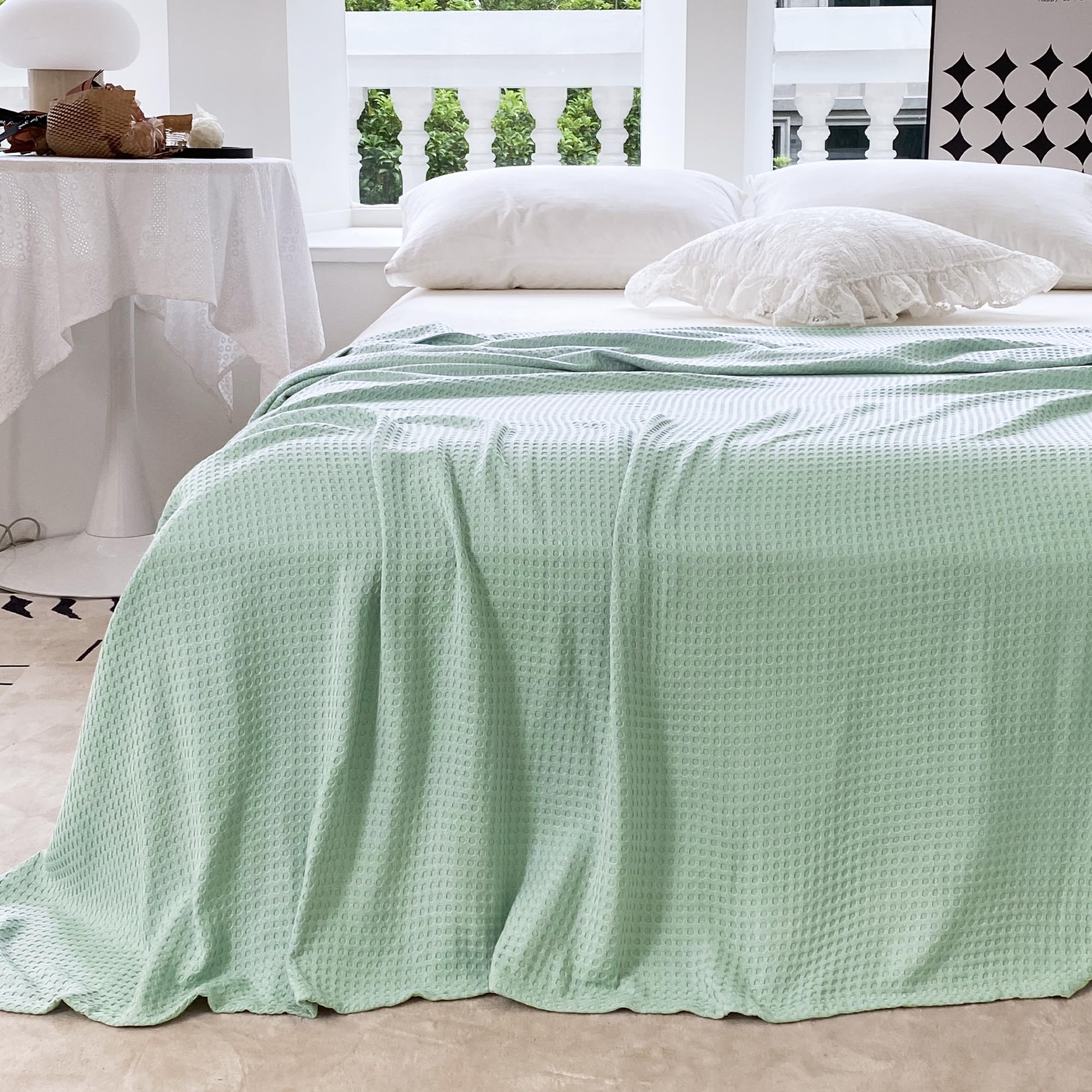 Dapper Styles - Blanket King Derived From Cool Summer For Hot Sleepers Soft Comfy Waffle Lightweight Blankets All Seasons 108 - Sagegreen-King (108"x90")