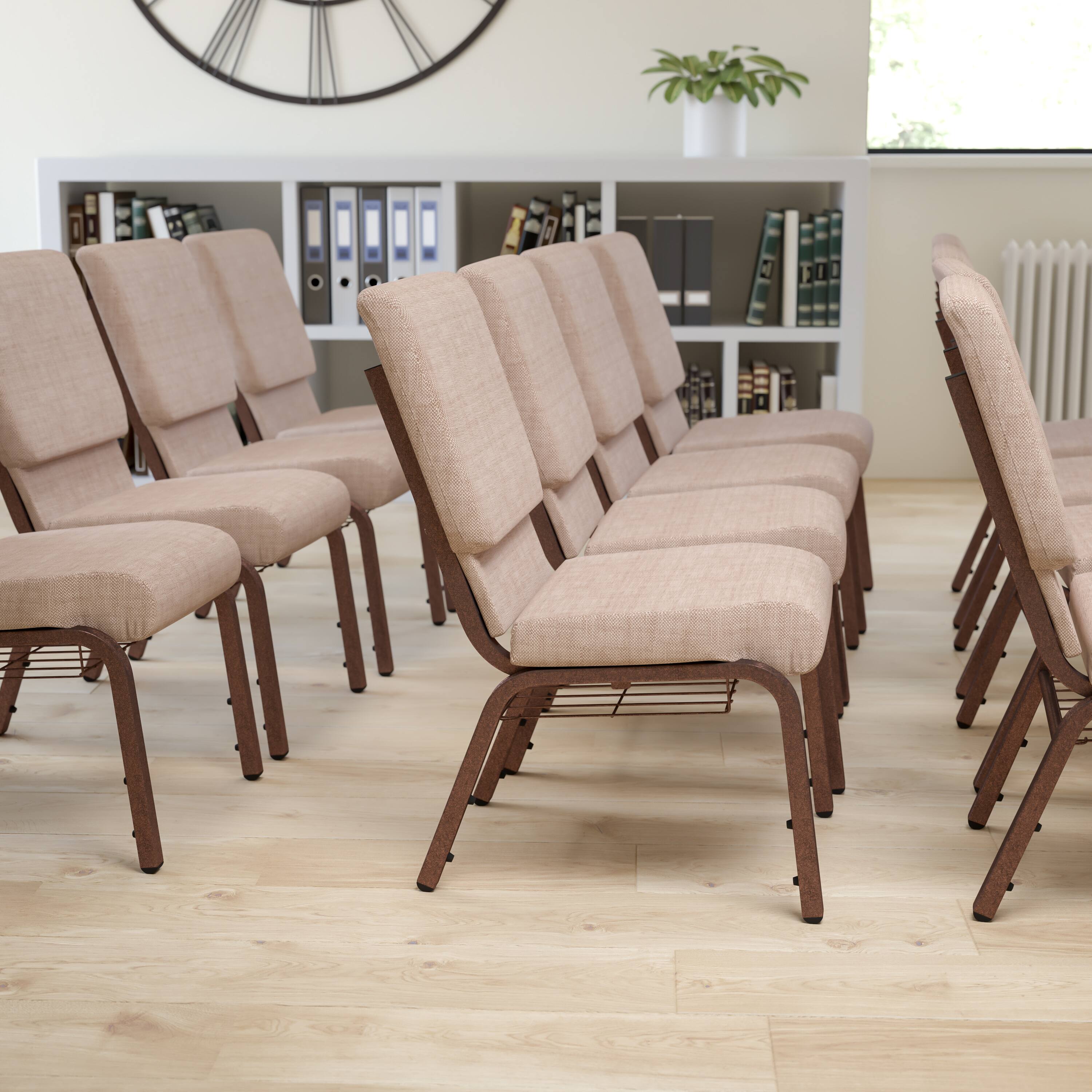 Alt View 1. Emma + Oliver - 18.5"W Church/Reception Guest Chair with Communion Cup Book Rack - Beige Fabric/Copper Vein Frame.