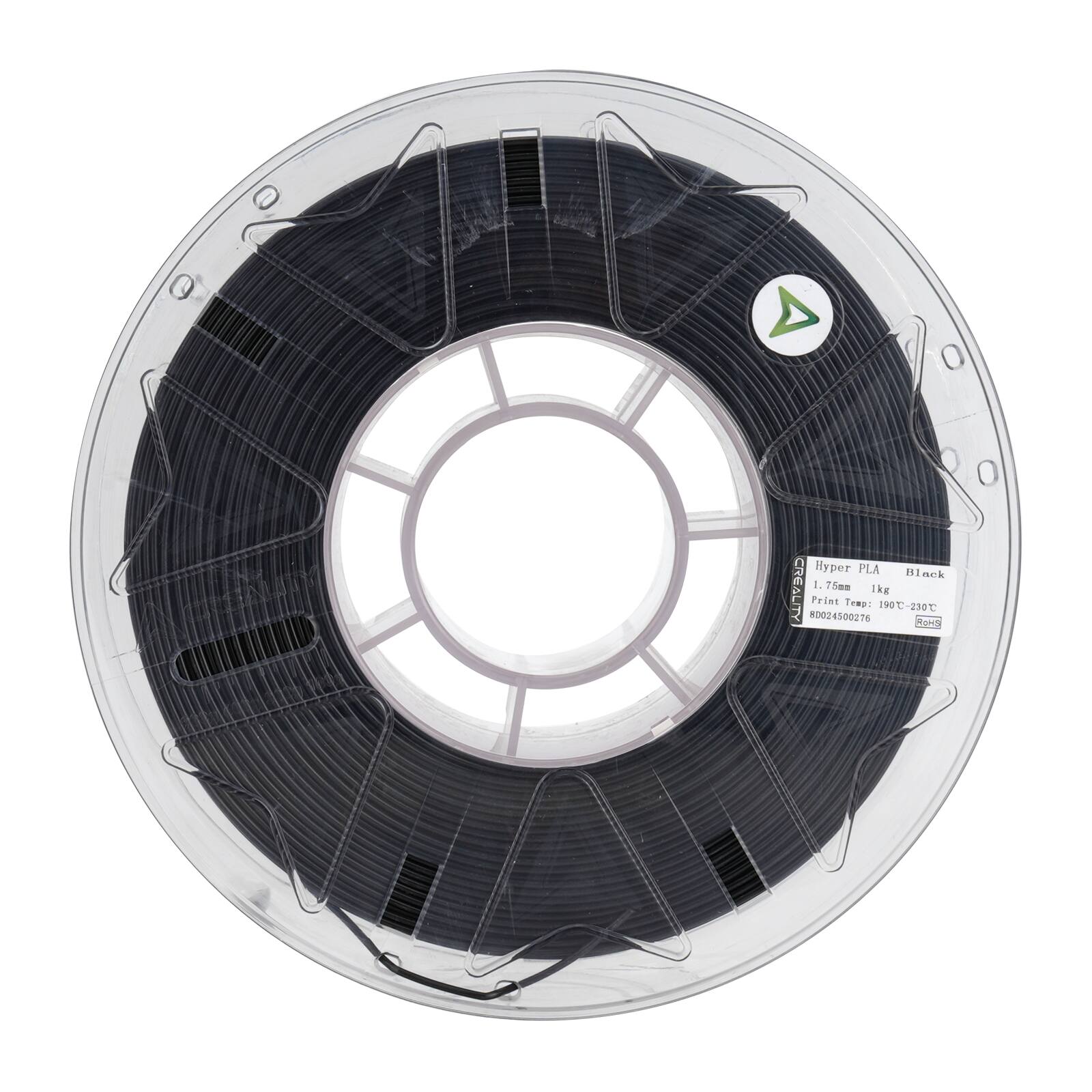 The text on the image reads: "Hyper PLA Black CREA 1. T5am Tke Print Tmp: 190-230 D024500276 W." This text is likely related to the spool of black filament, as it may provide information about the material, its properties, or printing parameters.