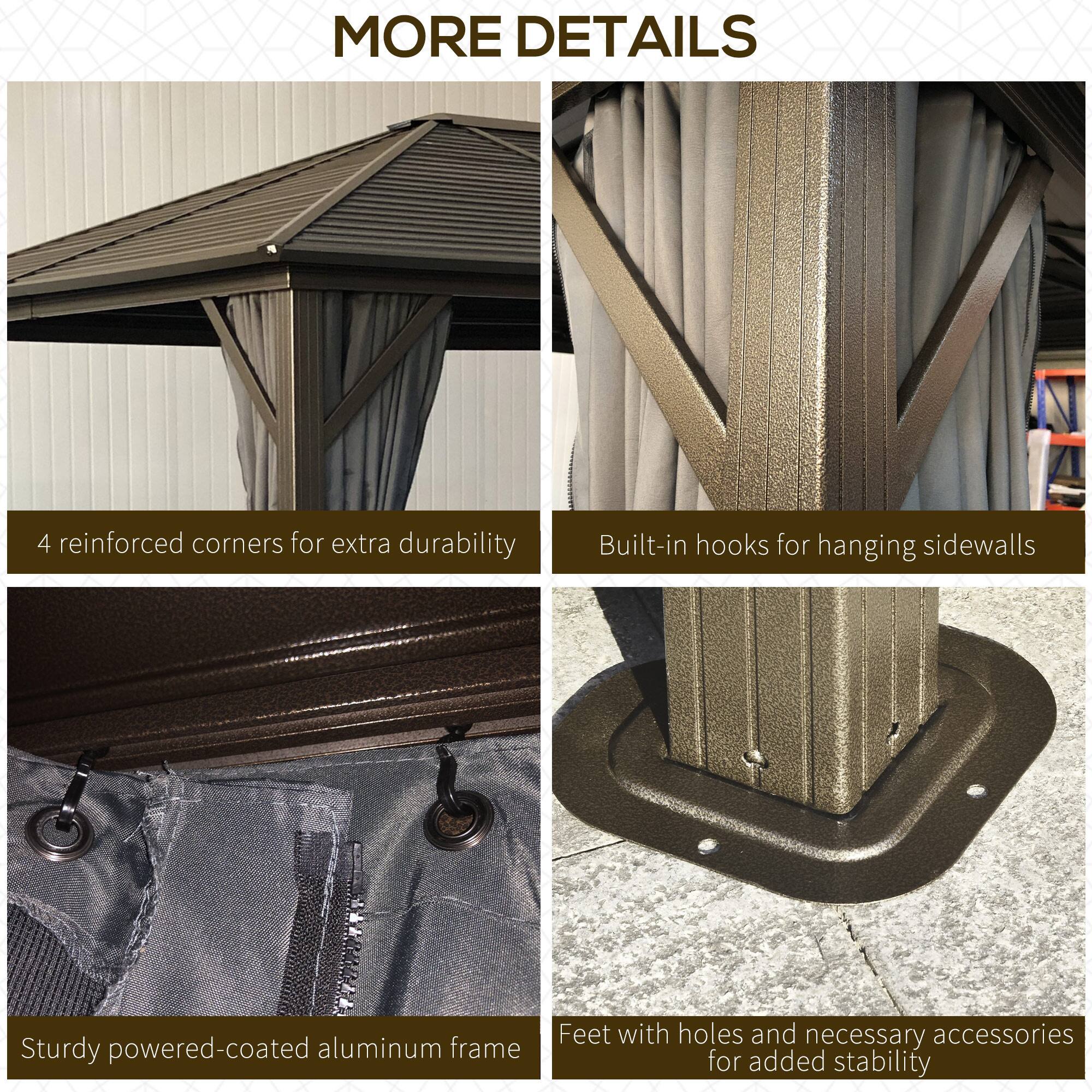 MORE DETAILS

- 4 reinforced corners for extra durability
- Built-in hooks for hanging sidewalls
- Sturdy powder-coated aluminum frame
- Feet with holes and necessary accessories for added stability