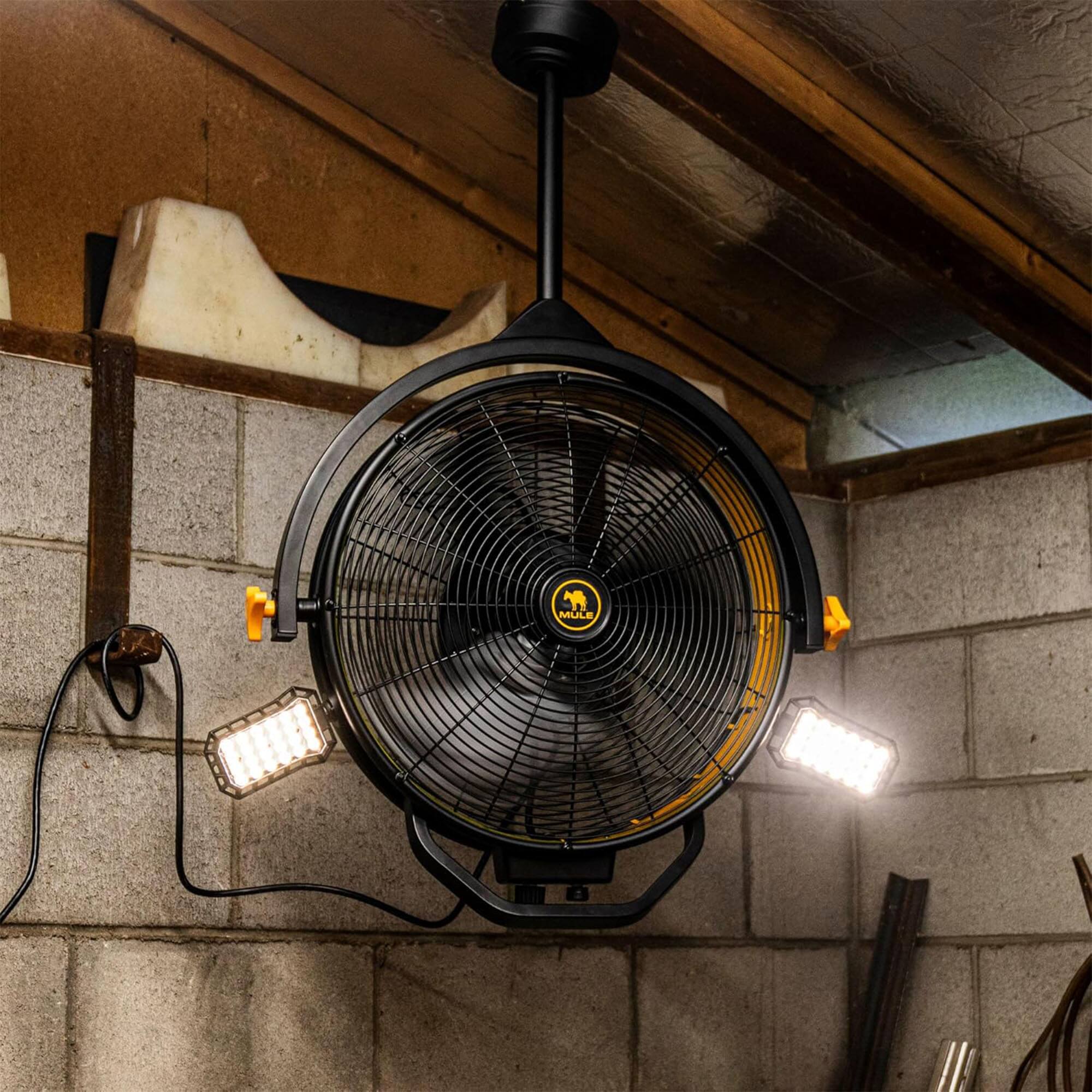 Alt View 4. MULE - Mule 18" Garage Fan XL with Work Lights, Dual Height Ceiling Mounting Options - Matte Black.