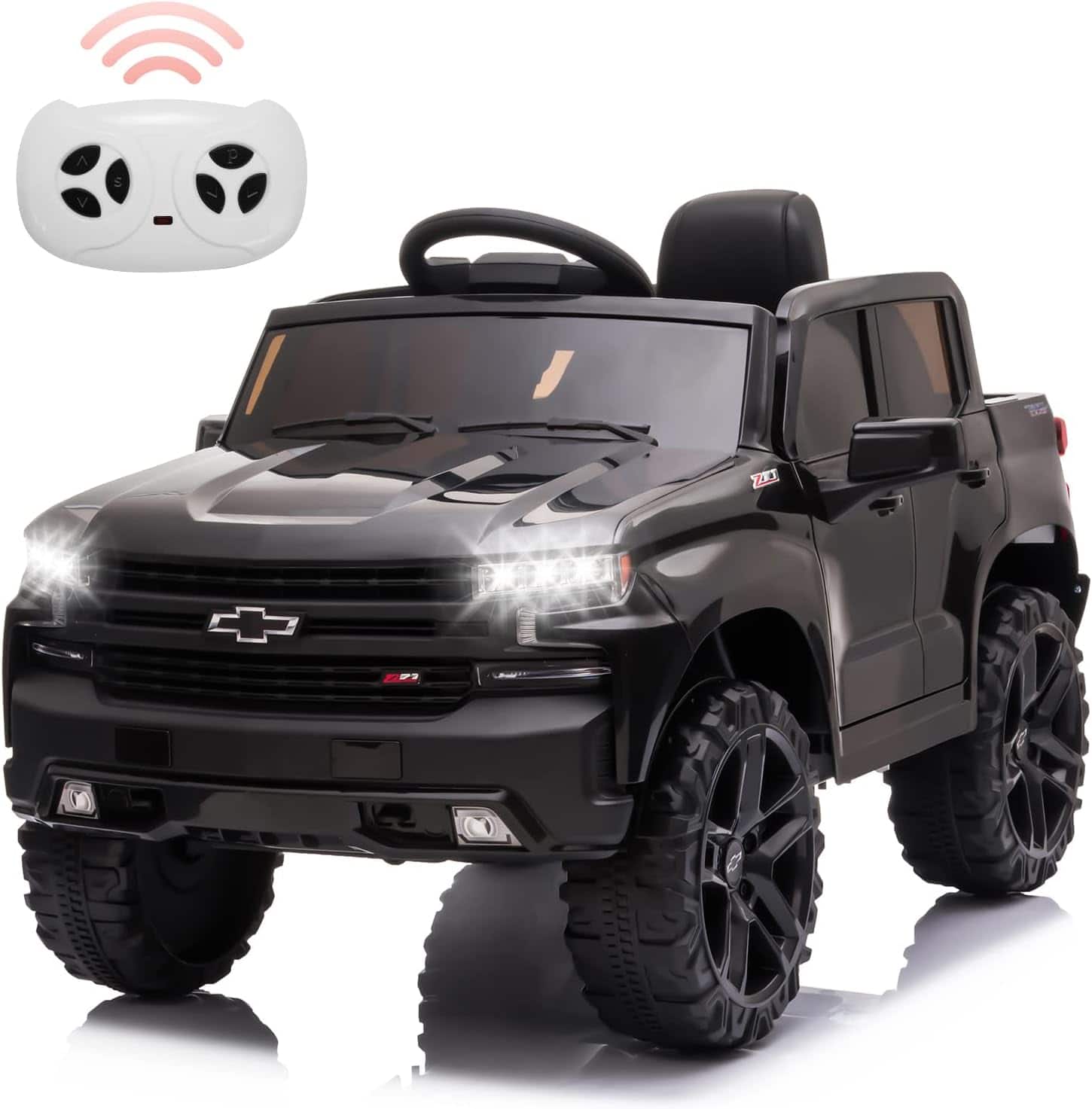 GARVEE - 12V Licensed Chevrolet Silverado Ride On Truck, Ride on Car with R/C, Battery Powered Truck Bed Storage - Black