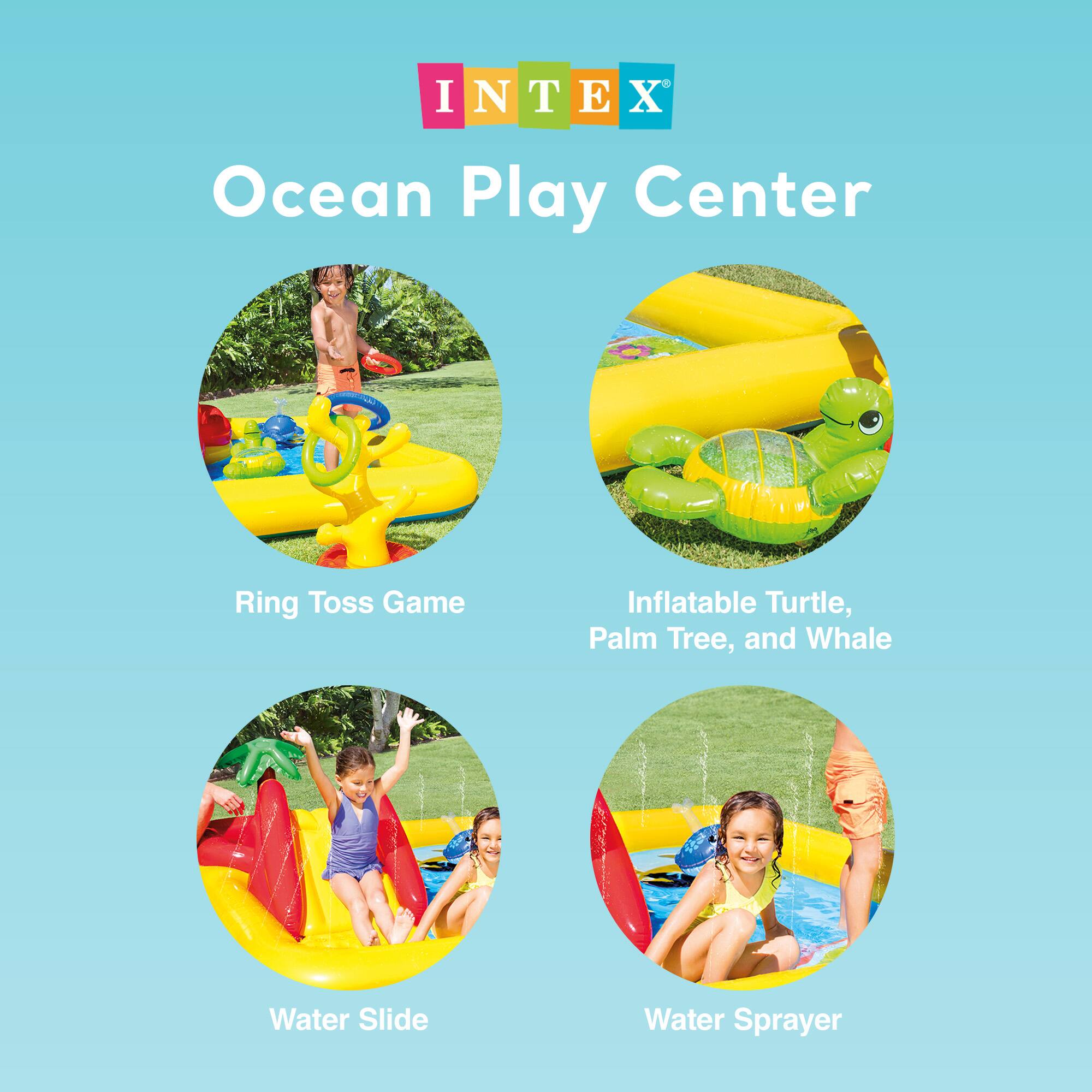 INTEX Ocean Play Center

- Ring Toss Game
- Inflatable Turtle, Palm Tree, and Whale
- Water Slide
- Water Sprayer