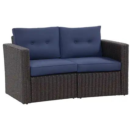 Front. Outsunny - 2 Piece Patio Wicker Corner Sofa Set, Outdoor PE Rattan Furniture, with Curved Armrests and Padded Cushions - Blue.