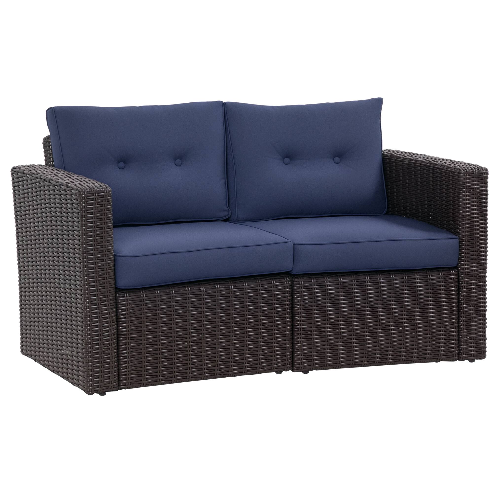 Front. Outsunny - 2 Piece Patio Wicker Corner Sofa Set, Outdoor PE Rattan Furniture, with Curved Armrests and Padded Cushions - Blue.
