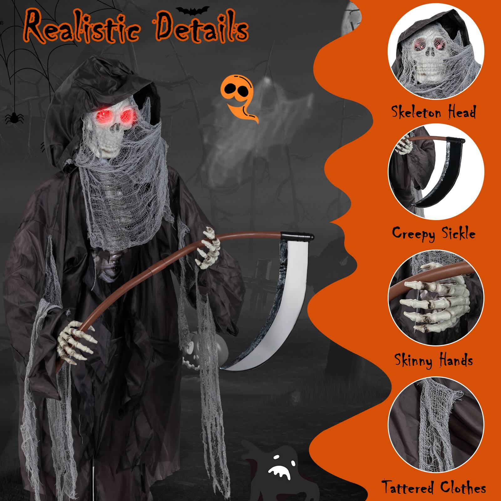 Realistic Details

- Skeleton Head
- Creepy Sickle
- Skinny Hands
- Tattered Clothes