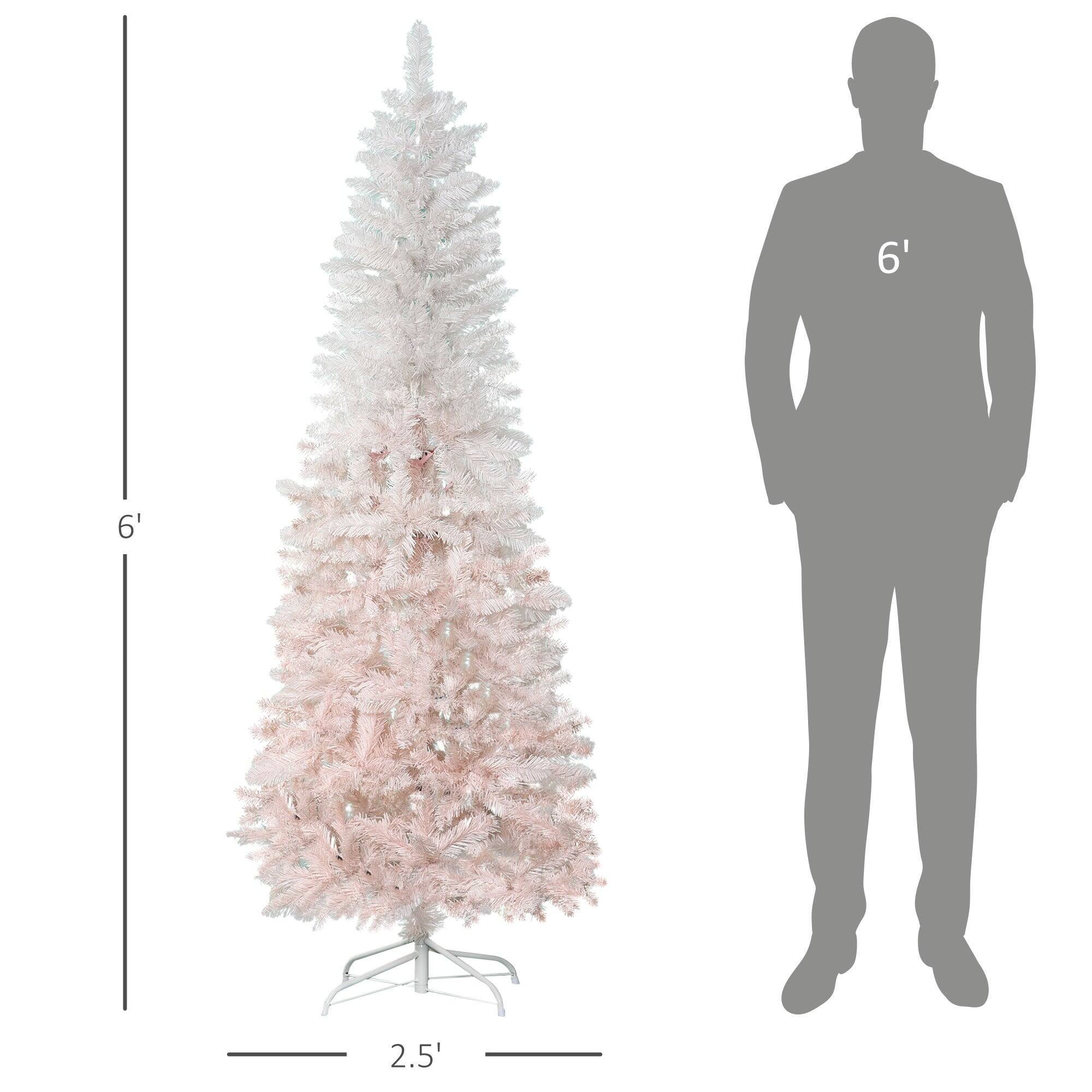 Left. BreeBe - 6 ft Tall Unlit Pencil Fir Artificial Christmas Tree with Realistic Branches and Steel Base - Pink.