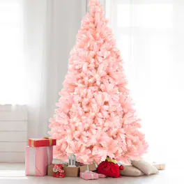 Homemark - 7 ft Artificial Christmas Tree with 1400 PVC Branch Tips, Full Unlit Holiday Tree with Metal Stand - Pink