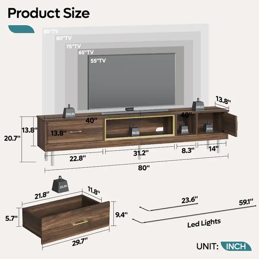 Bestier 80 inch LED Entertainment Center for TVs Up to 85