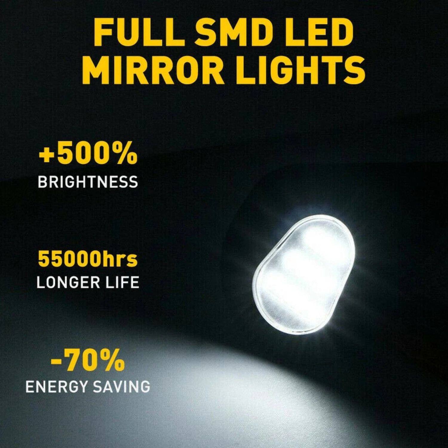 FULL SMD LED MIRROR LIGHTS

+500% BRIGHTNESS

55000hrs LONGER LIFE

-70% ENERGY SAVING